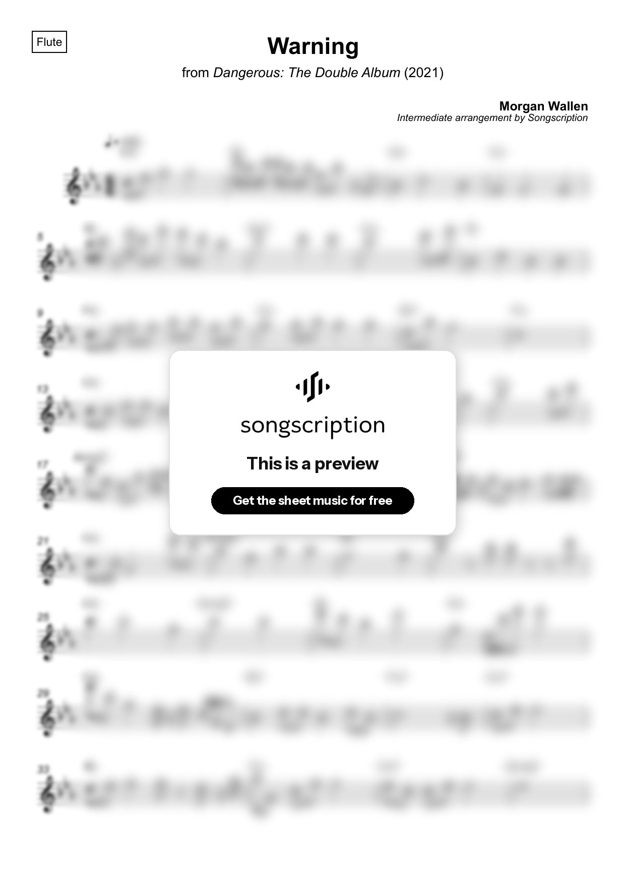 Intermediate Flute Sheet Music for "Warning" by Morgan Wallen