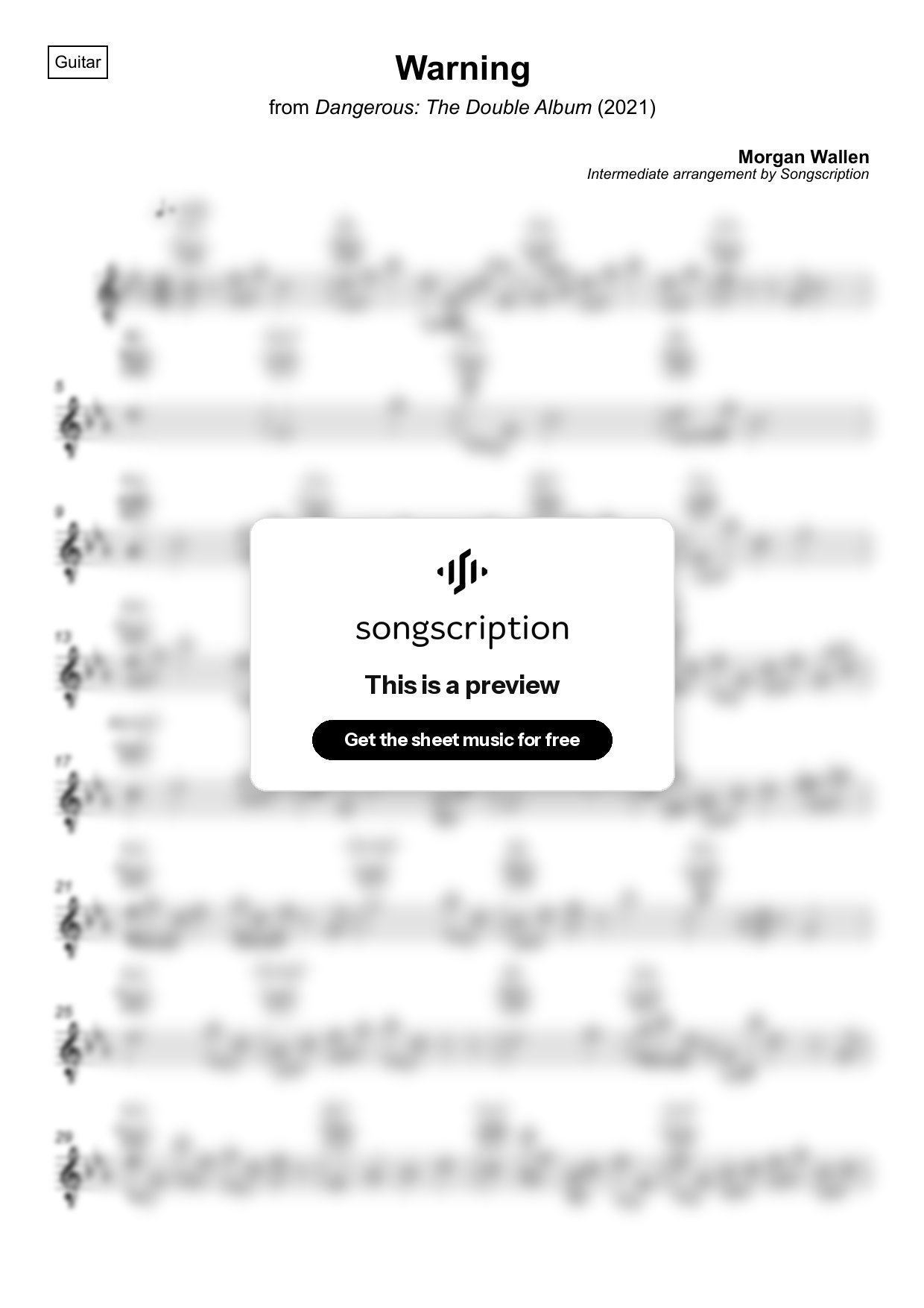 Intermediate Acoustic Guitar Sheet Music for "Warning" by Morgan Wallen