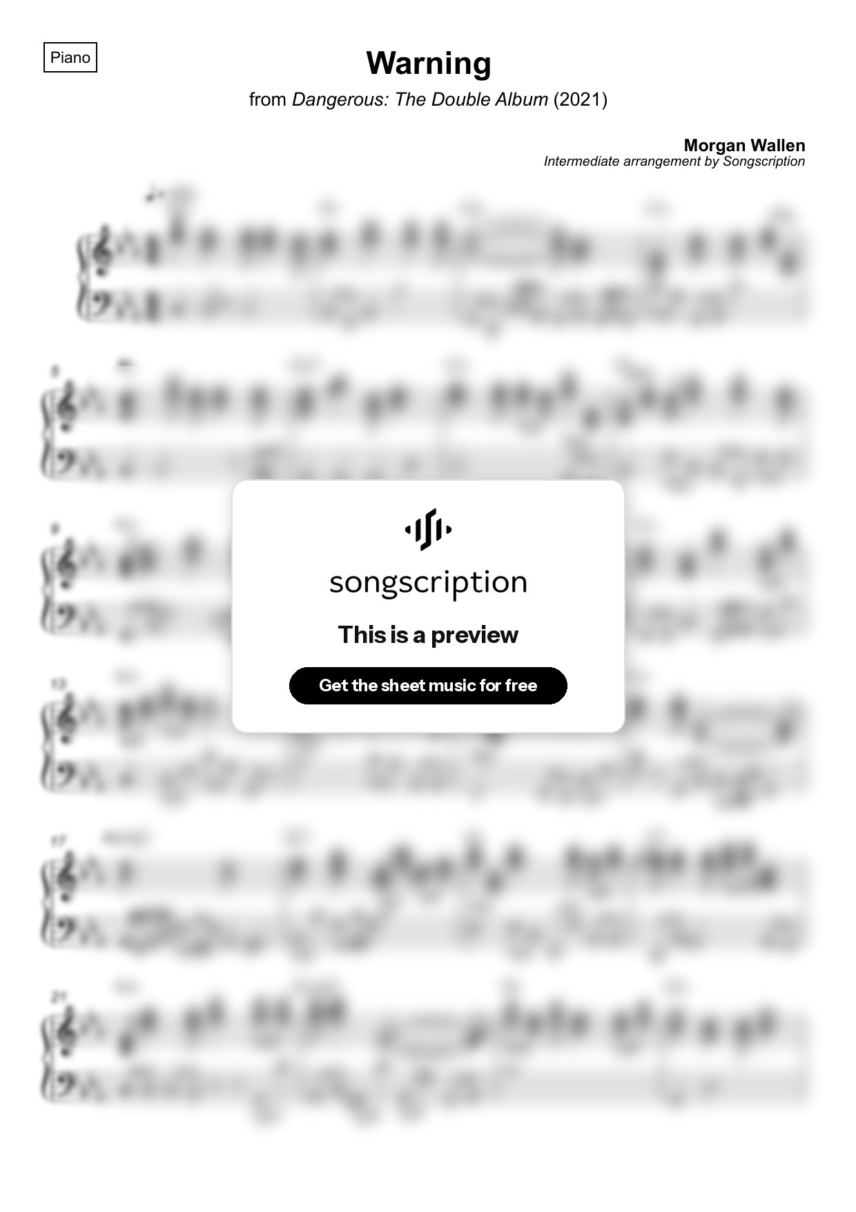 Intermediate Piano Sheet Music for "Warning" by Morgan Wallen