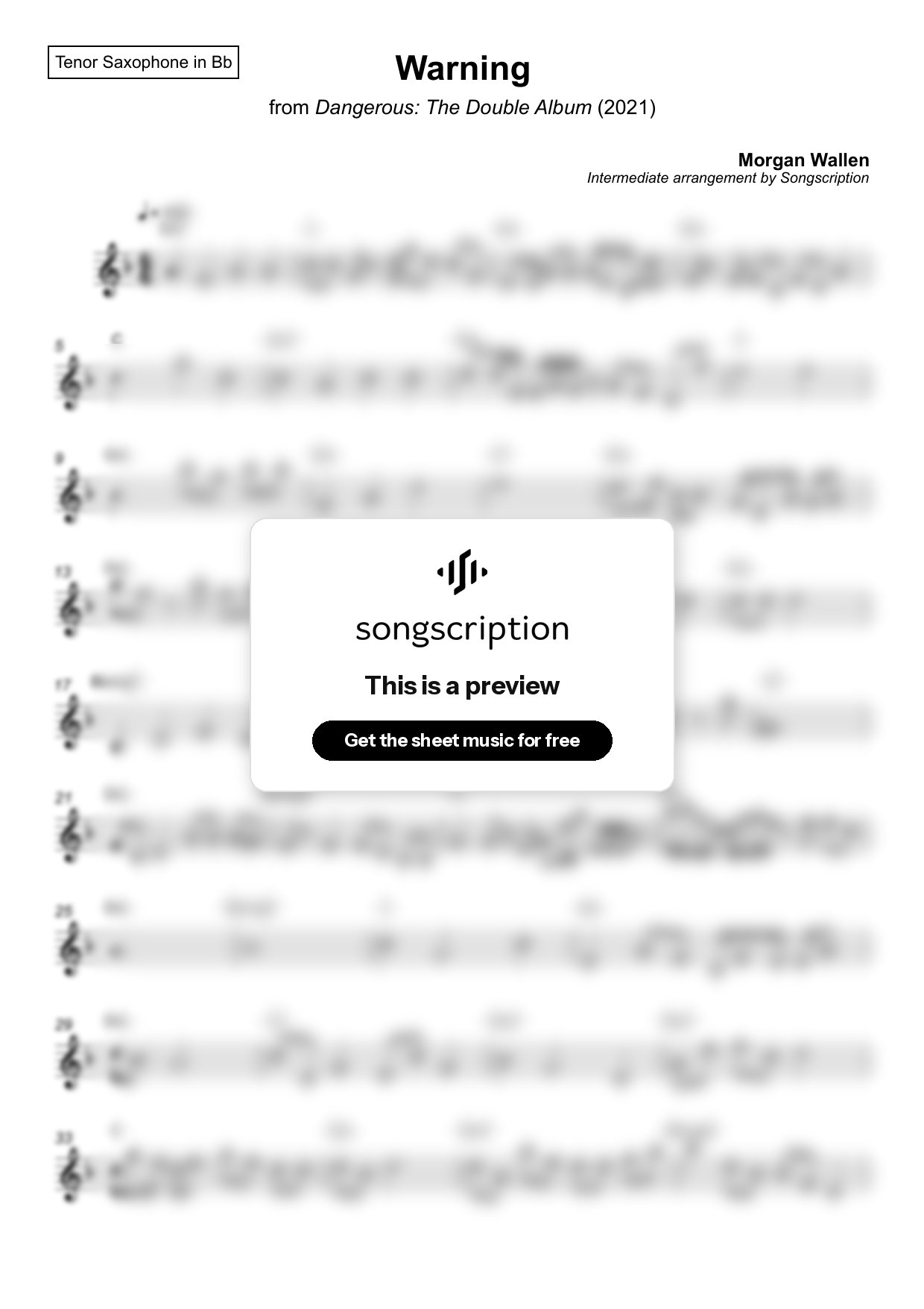 Intermediate Tenor Sax Sheet Music for "Warning" by Morgan Wallen