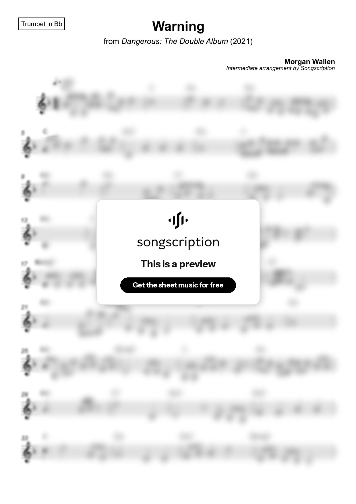 Intermediate Trumpet Sheet Music for "Warning" by Morgan Wallen