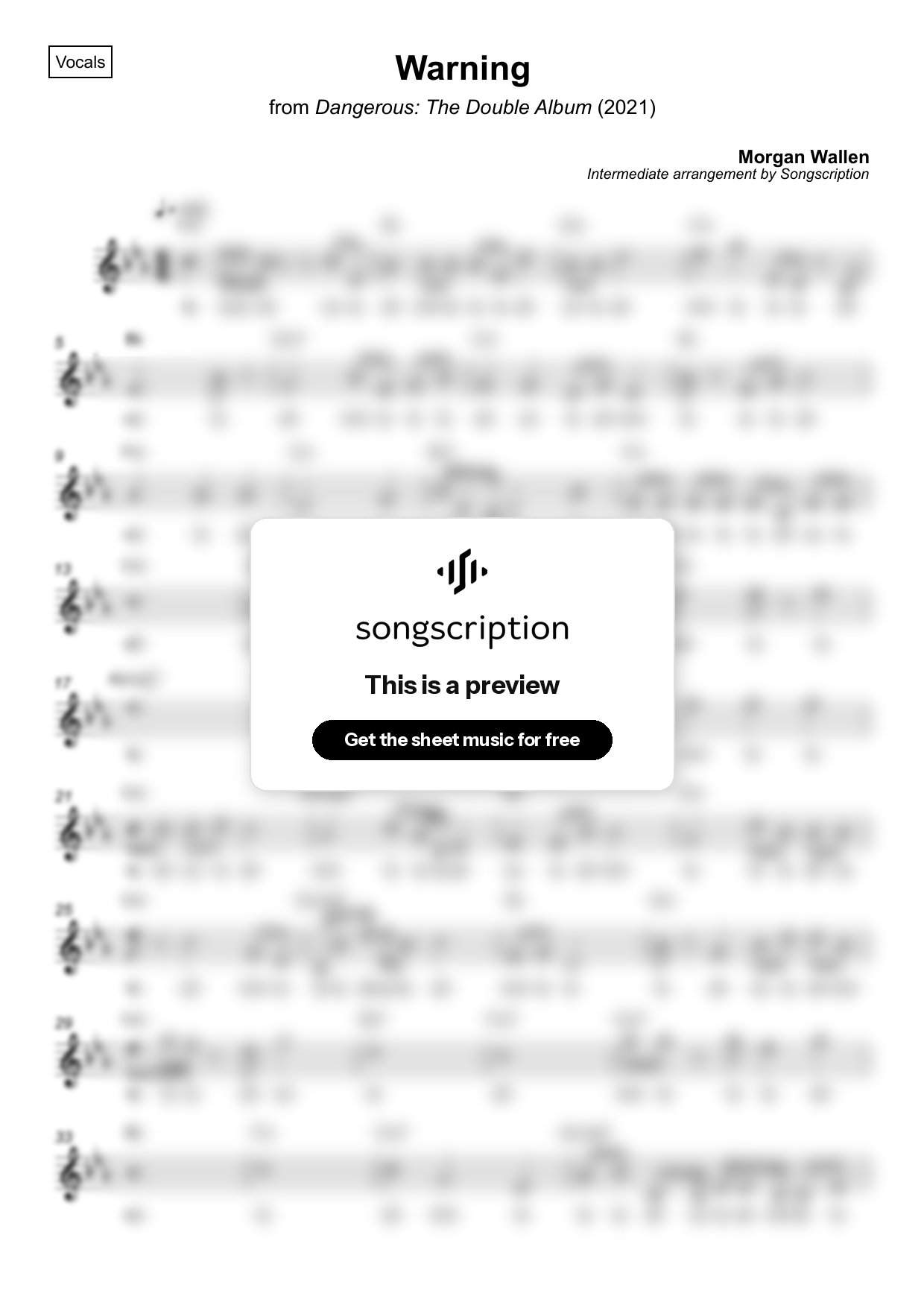 Intermediate Vocals Sheet Music for "Warning" by Morgan Wallen