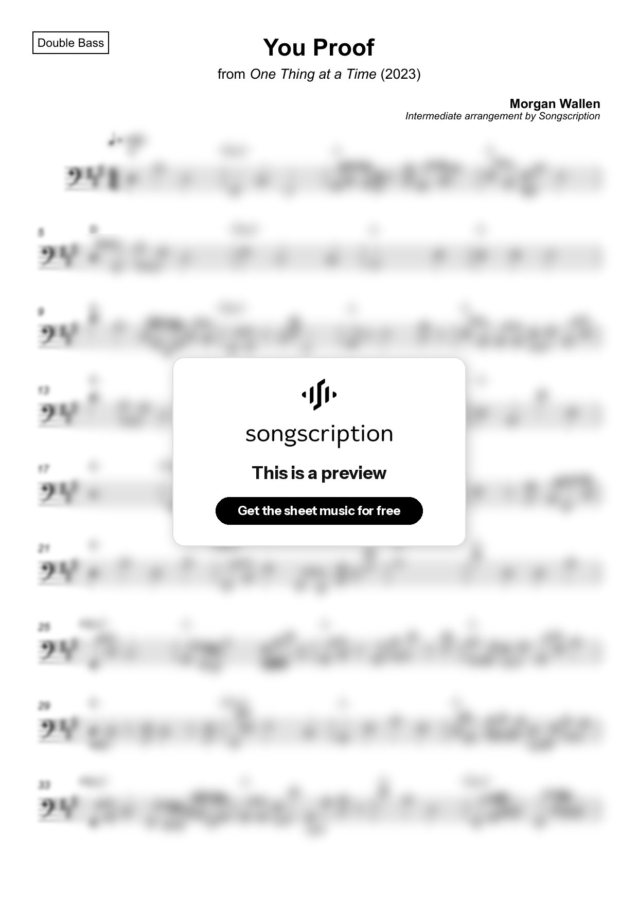 Intermediate Double Bass Sheet Music for "You Proof" by Morgan Wallen