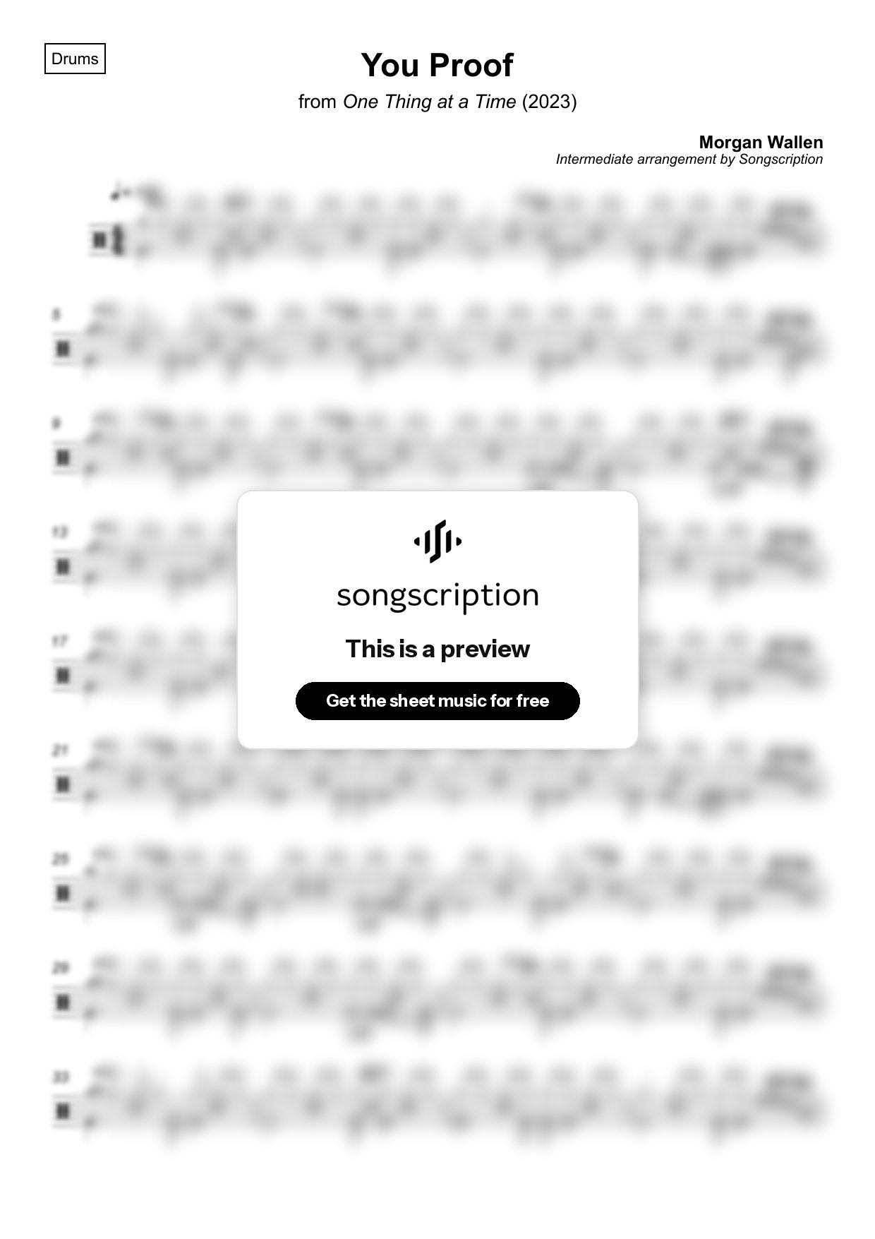 Intermediate Drums Sheet Music for "You Proof" by Morgan Wallen