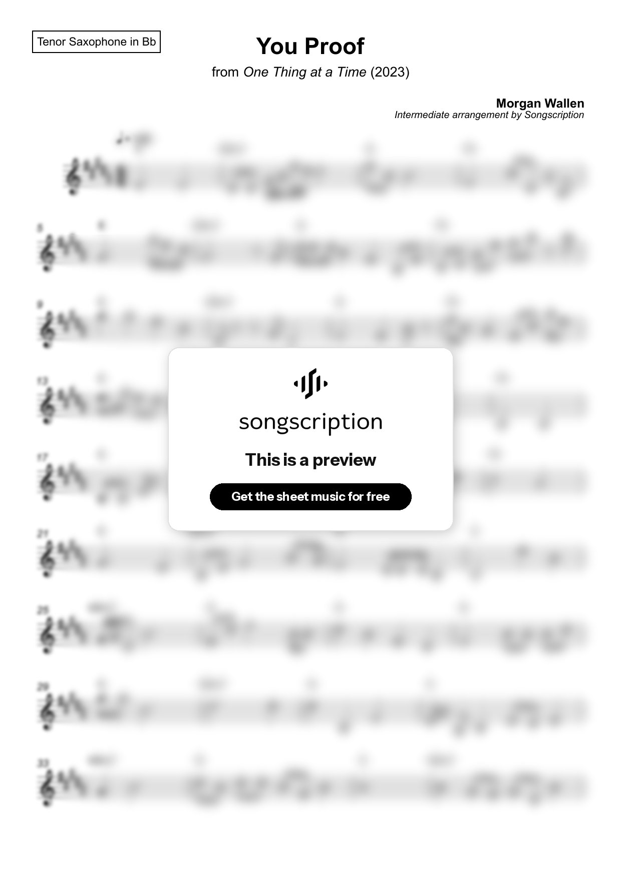 Intermediate Tenor Sax Sheet Music for "You Proof" by Morgan Wallen