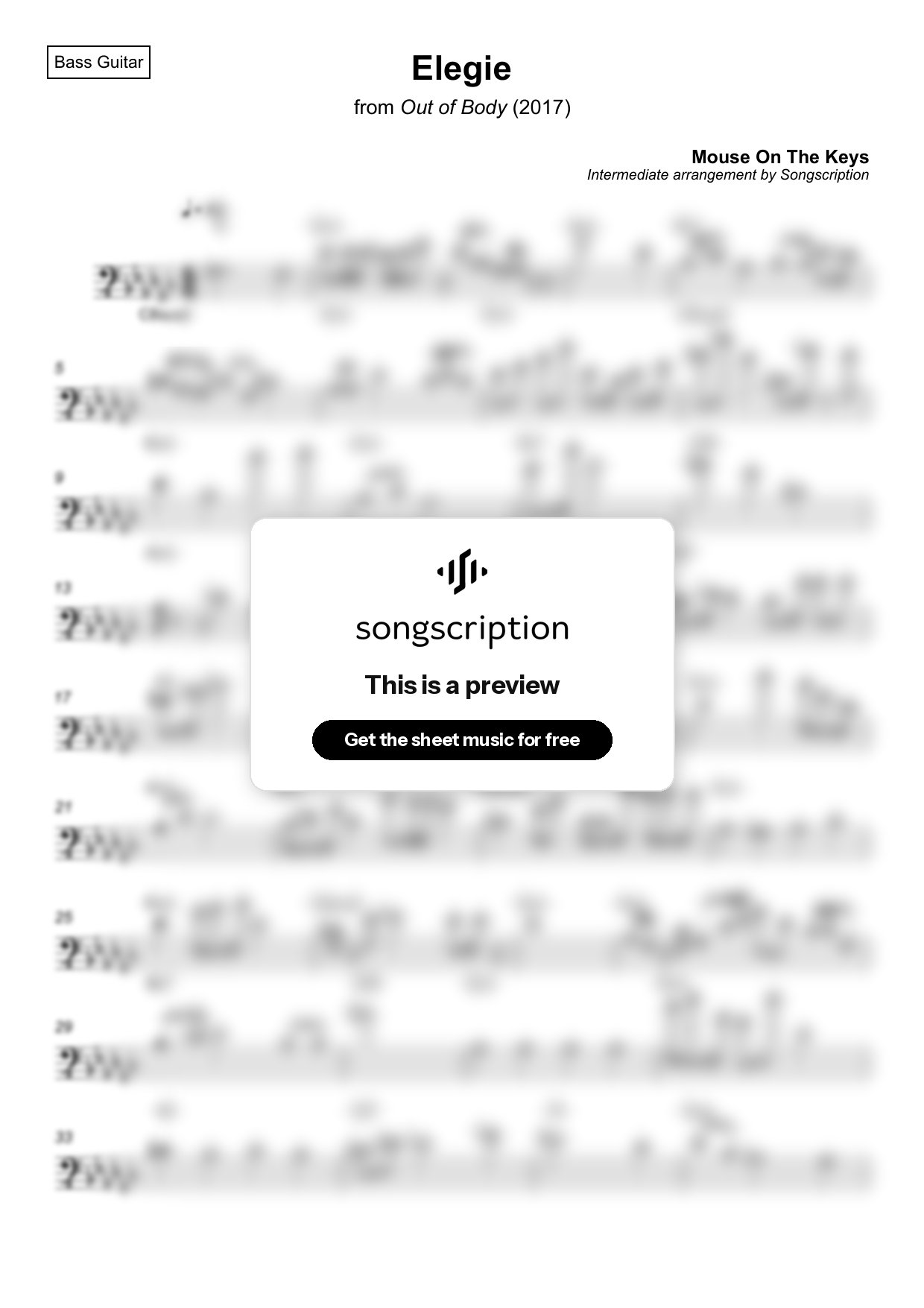 Intermediate Bass Guitar Sheet Music for "Elegie" by Mouse On The Keys