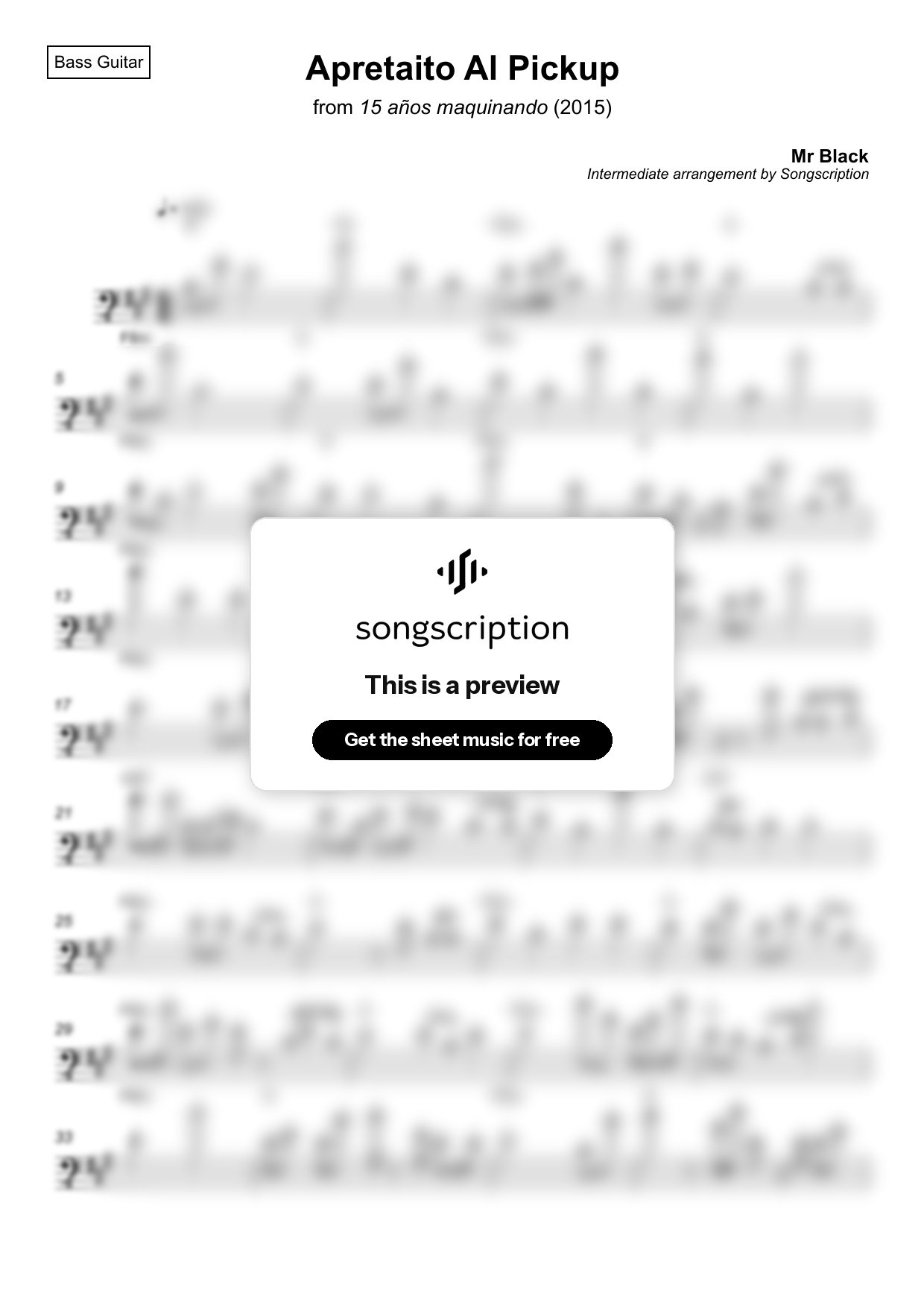 Intermediate Bass Guitar Sheet Music for "Apretaito Al Pickup" by Mr Black