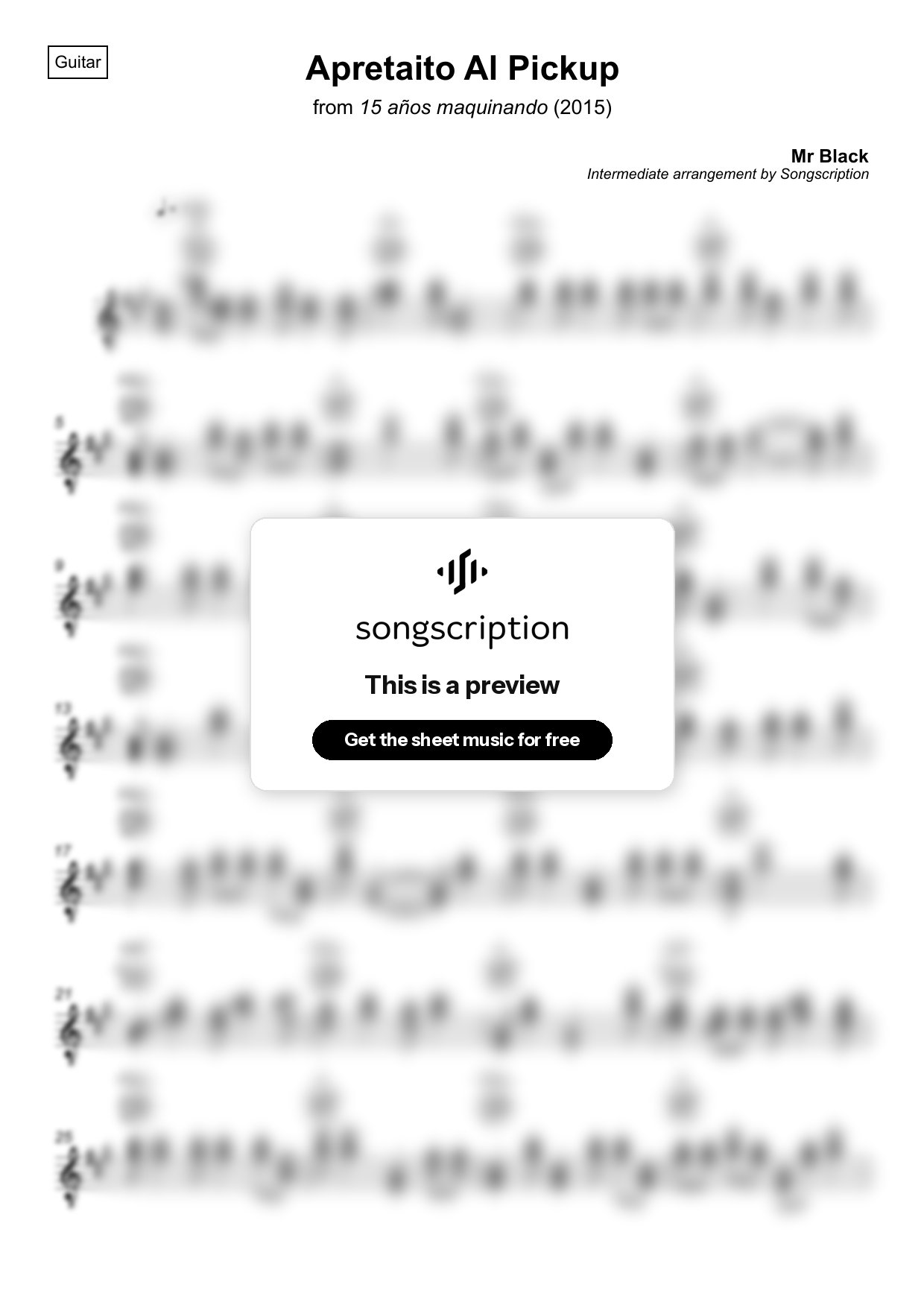 Intermediate Acoustic Guitar Sheet Music for "Apretaito Al Pickup" by Mr Black