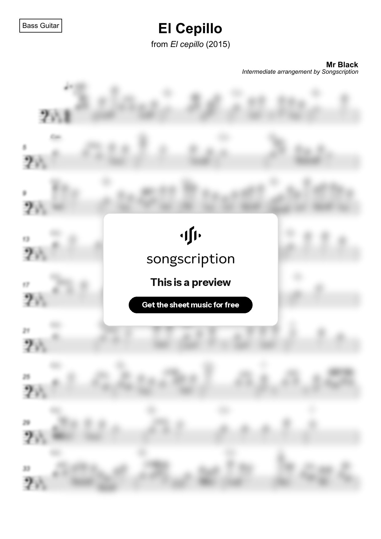 Intermediate Bass Guitar Sheet Music for "El Cepillo" by Mr Black