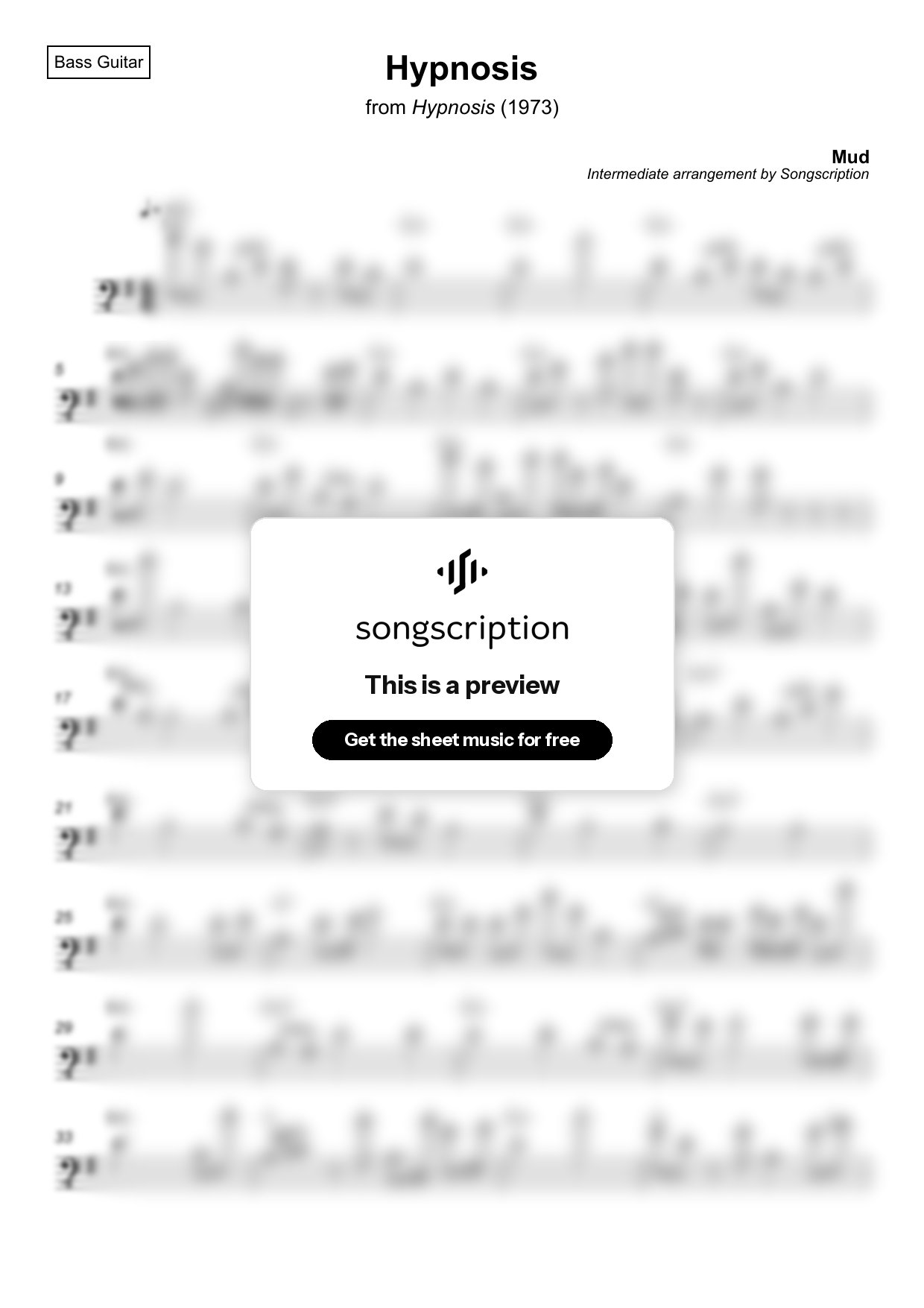 Intermediate Bass Guitar Sheet Music for "Hypnosis" by Mud