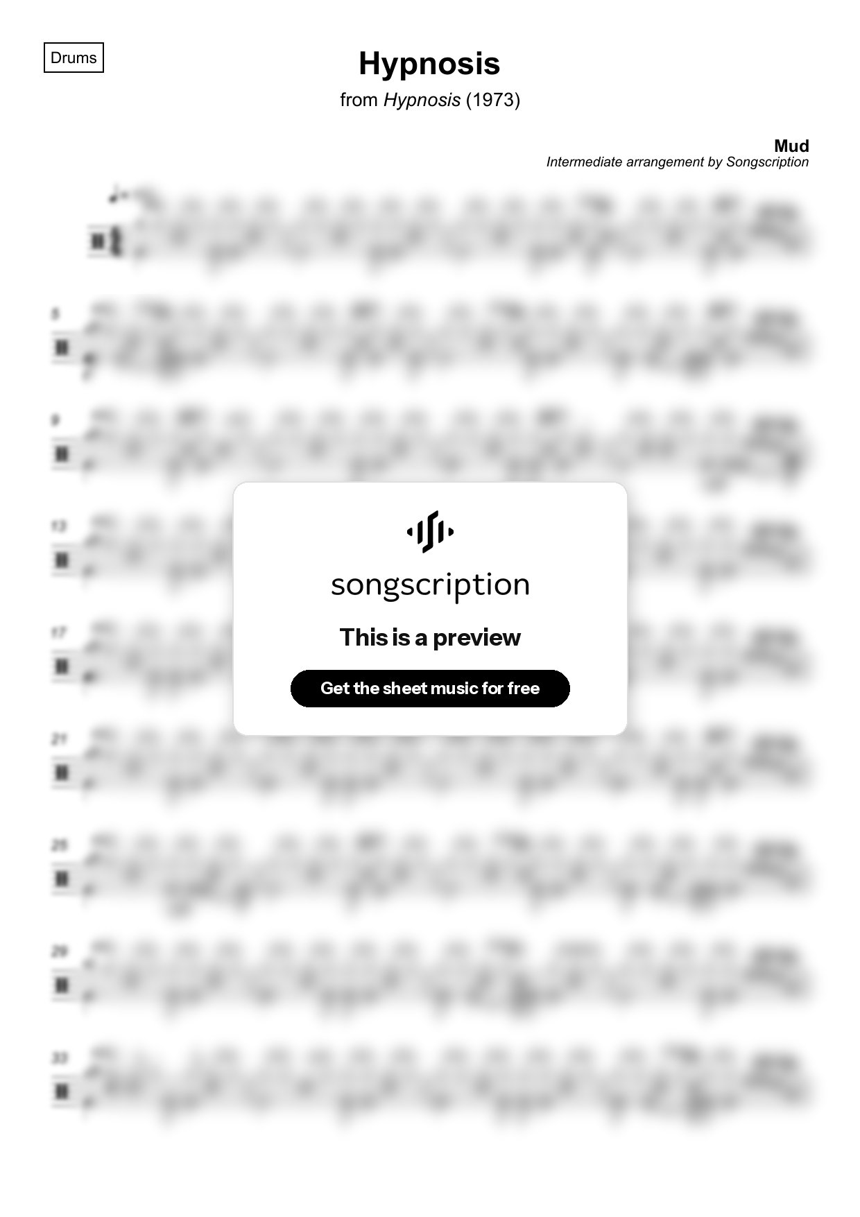 Intermediate Drums Sheet Music for "Hypnosis" by Mud