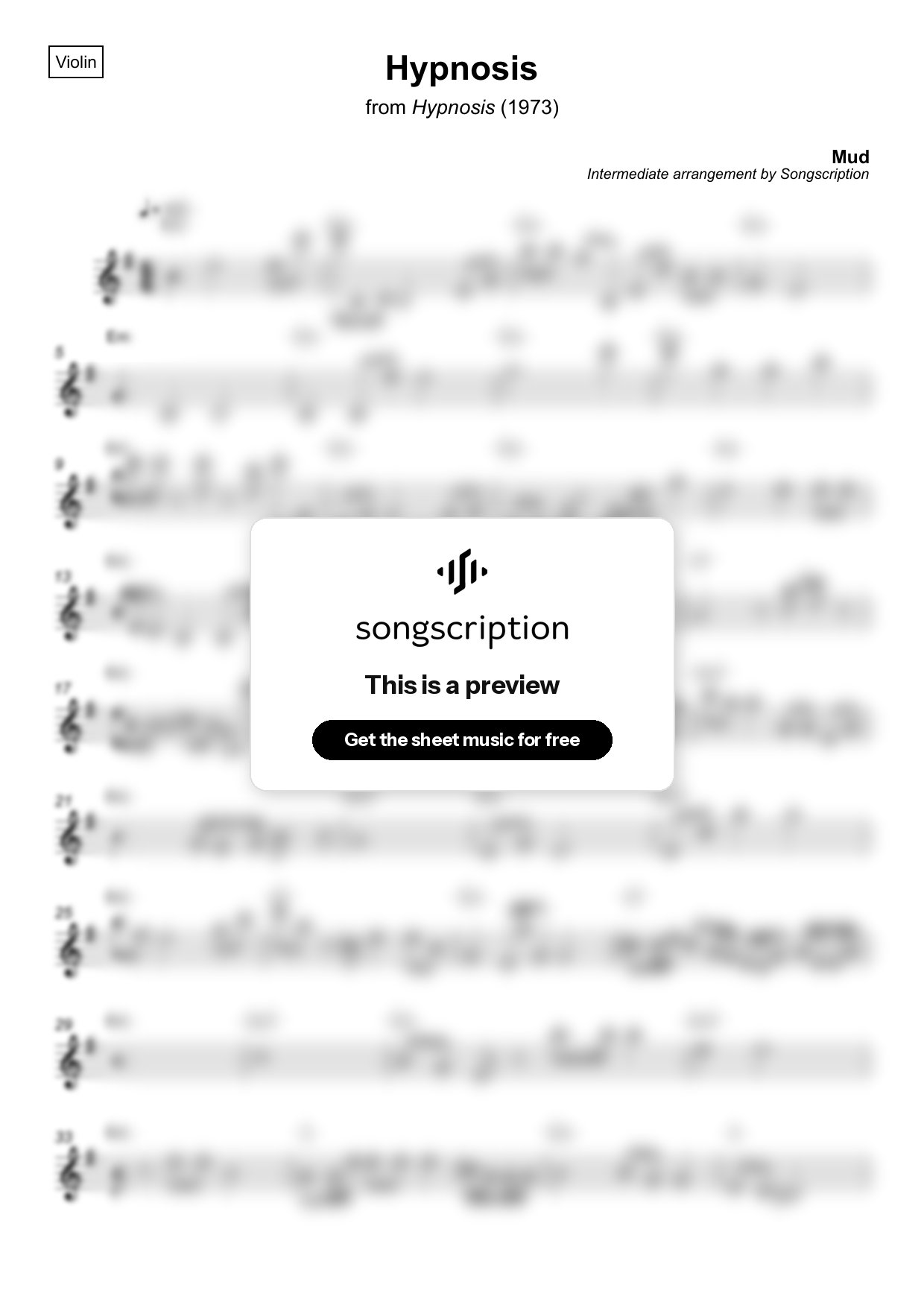 Intermediate Violin Sheet Music for "Hypnosis" by Mud