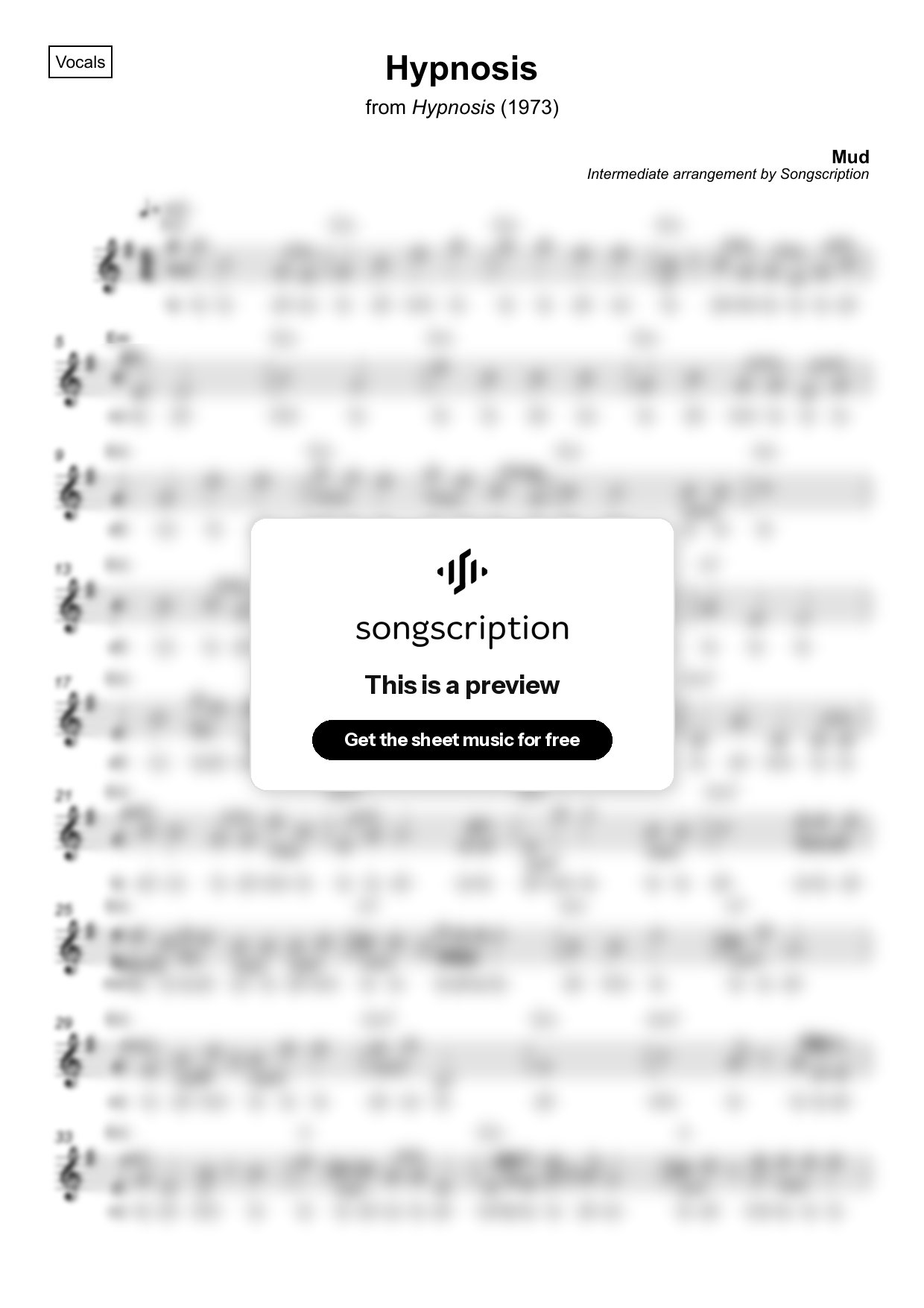 Intermediate Vocals Sheet Music for "Hypnosis" by Mud