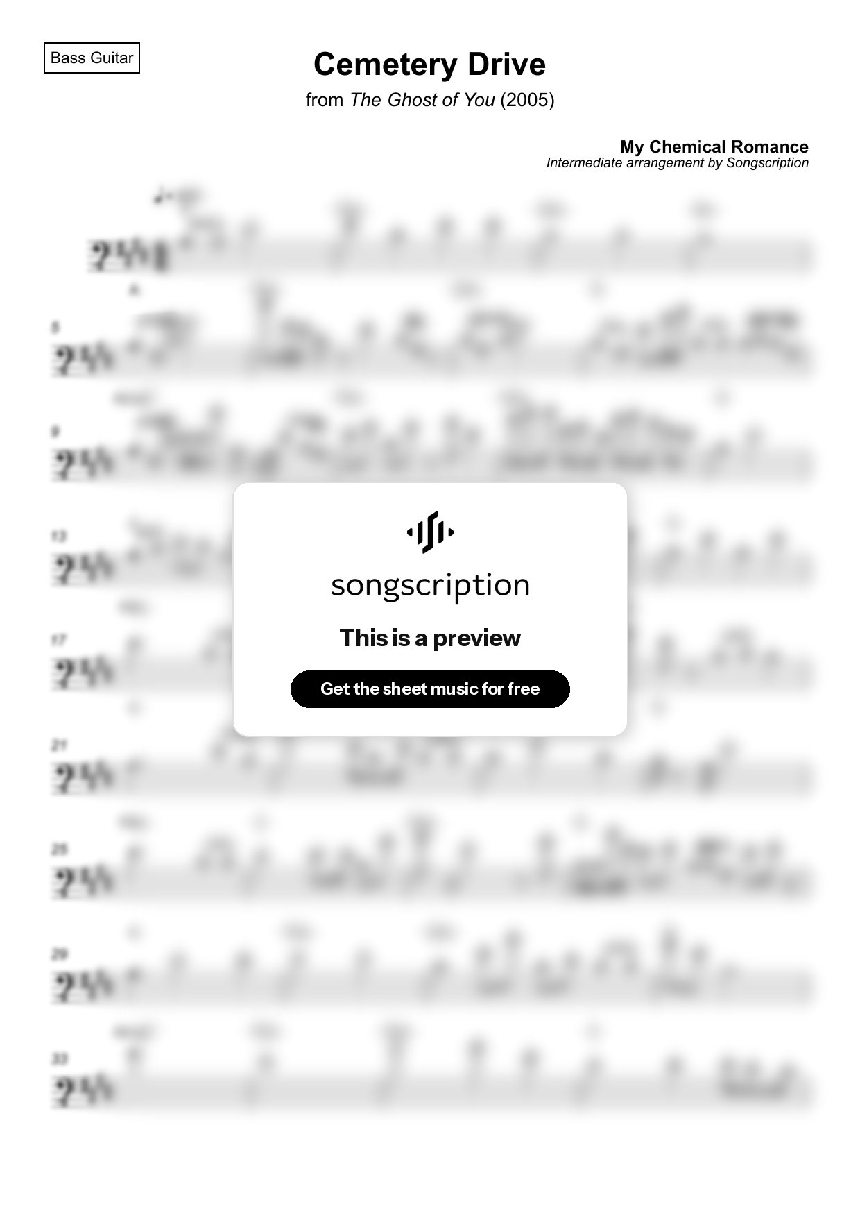 Intermediate Bass Guitar Sheet Music for "Cemetery Drive" by My Chemical Romance