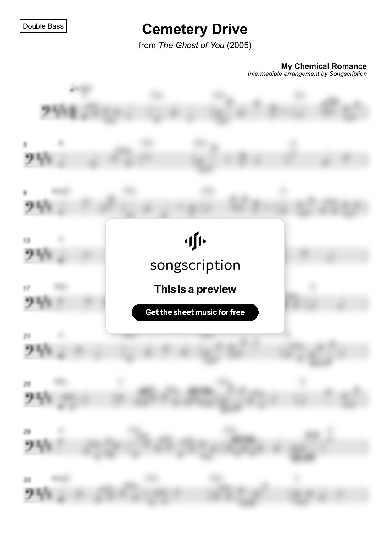 Intermediate Double Bass Sheet Music for "Cemetery Drive" by My Chemical Romance