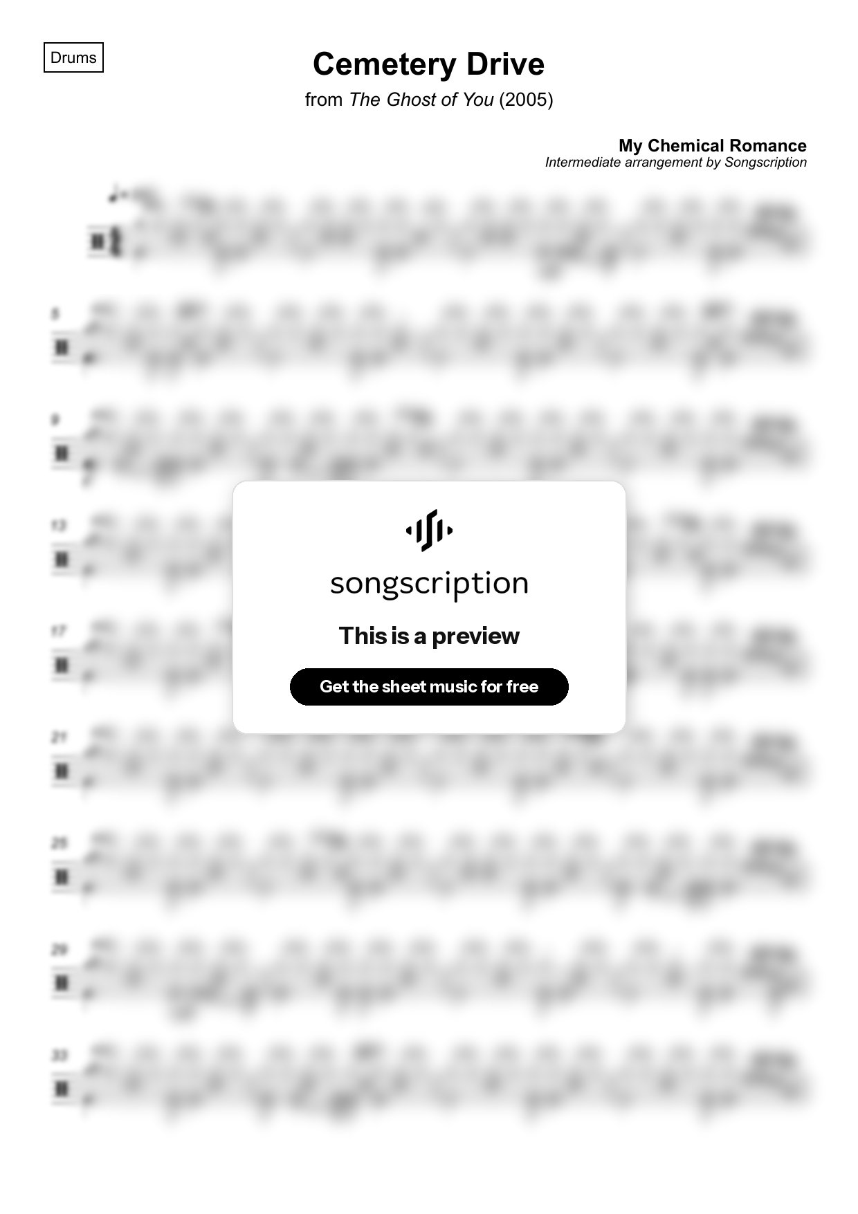 Intermediate Drums Sheet Music for "Cemetery Drive" by My Chemical Romance