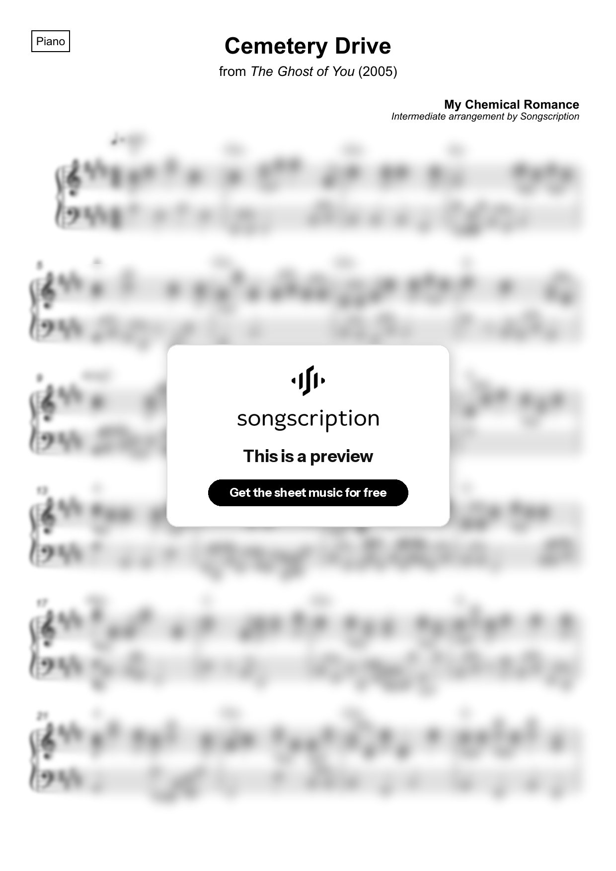 Intermediate Piano Sheet Music for "Cemetery Drive" by My Chemical Romance
