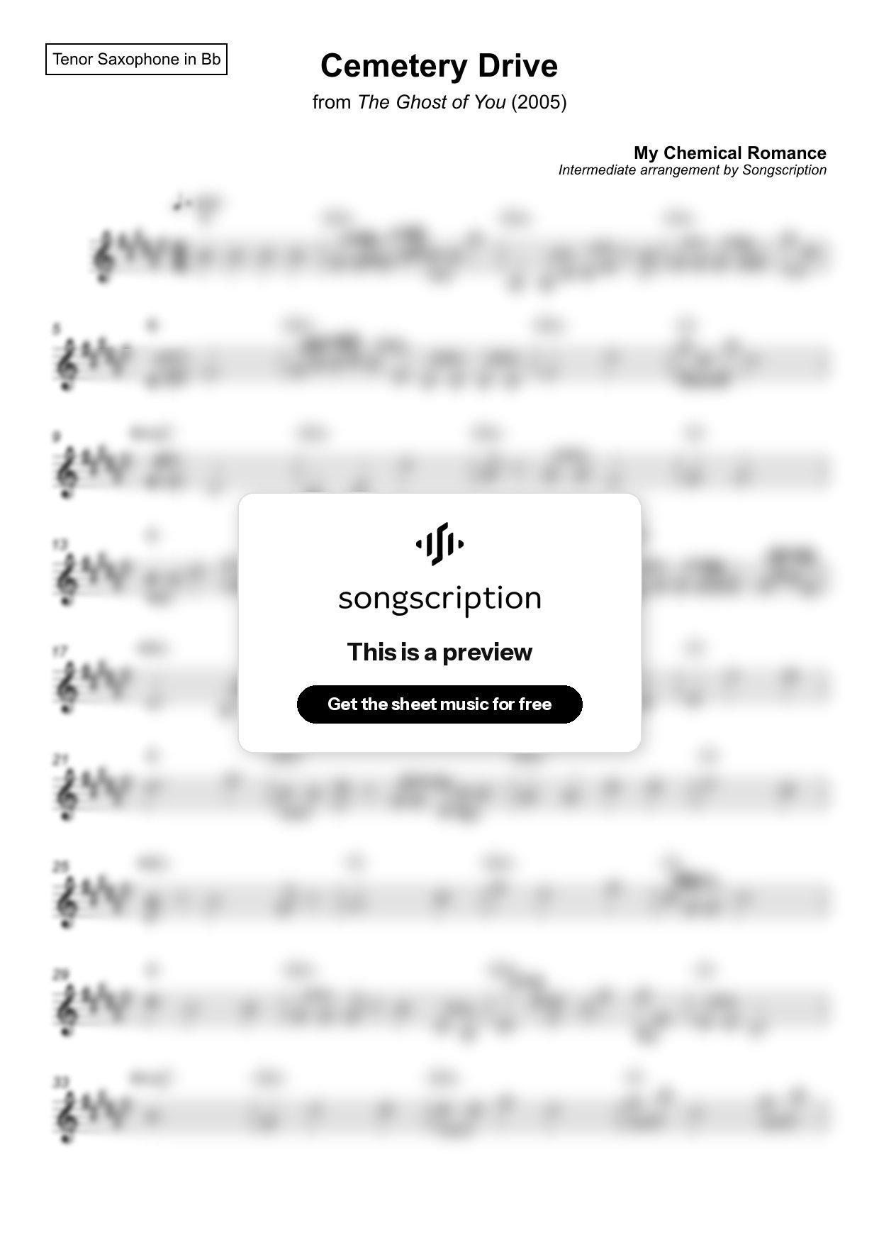 Intermediate Tenor Sax Sheet Music for "Cemetery Drive" by My Chemical Romance