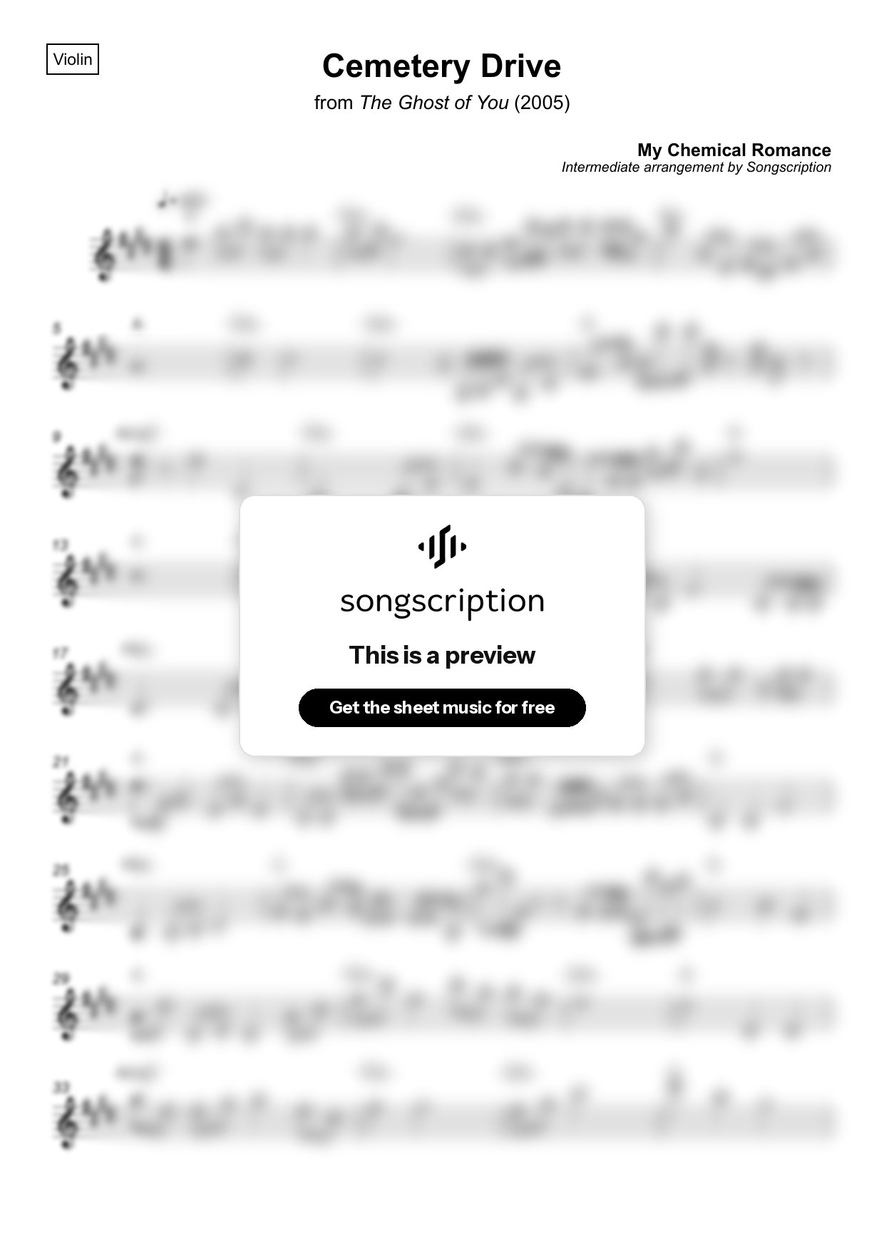 Intermediate Violin Sheet Music for "Cemetery Drive" by My Chemical Romance