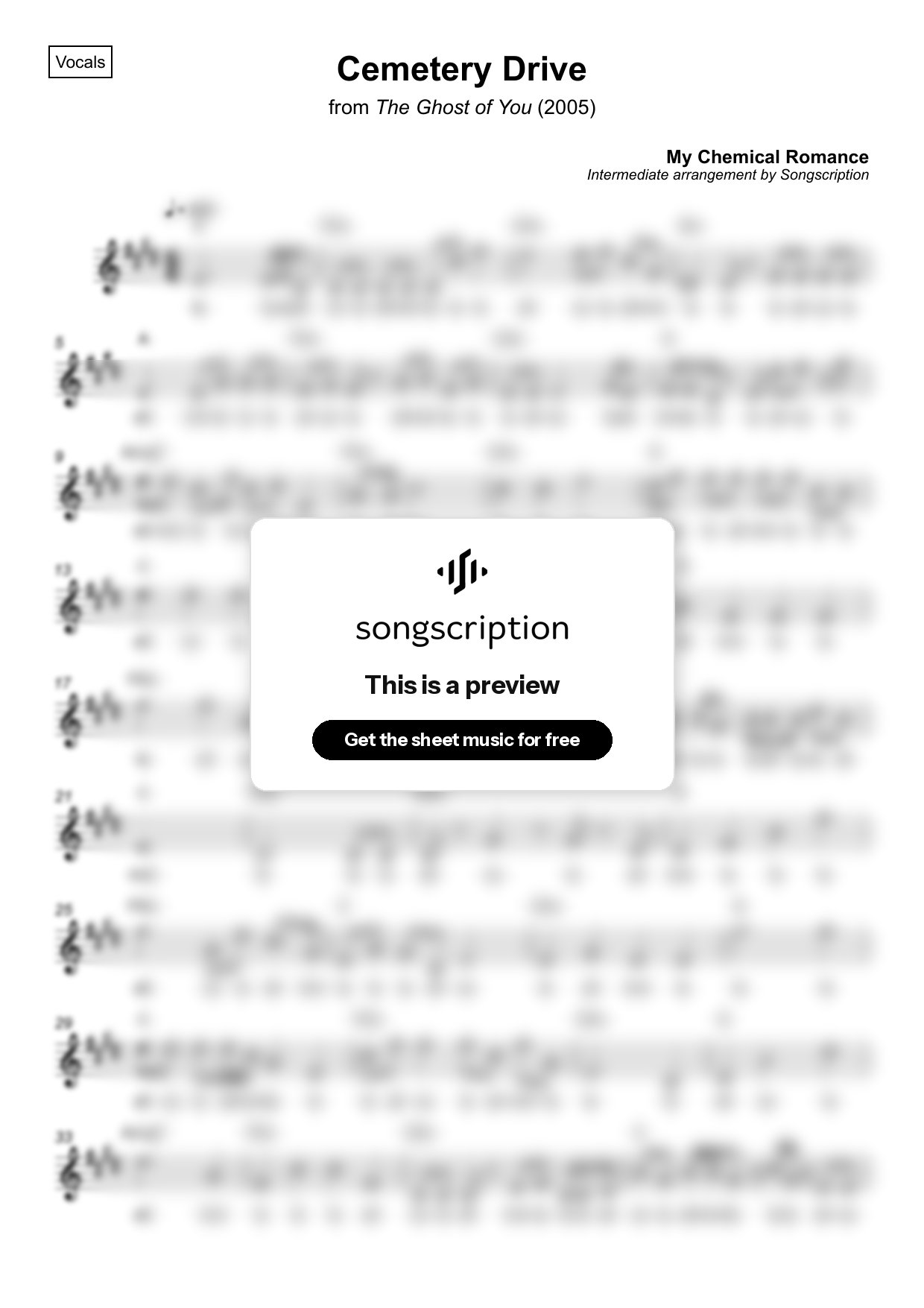 Intermediate Vocals Sheet Music for "Cemetery Drive" by My Chemical Romance