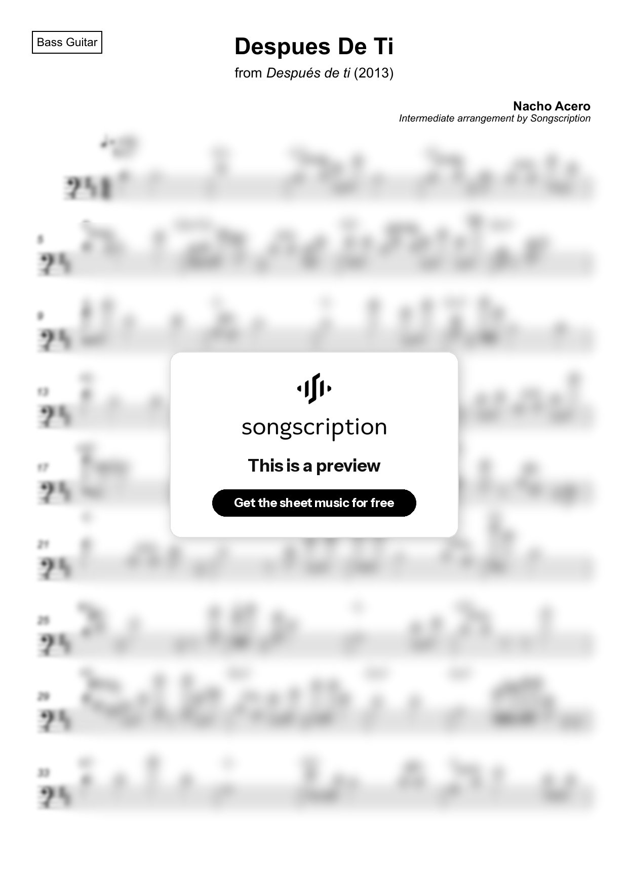 Intermediate Bass Guitar Sheet Music for "Despues De Ti" by Nacho Acero