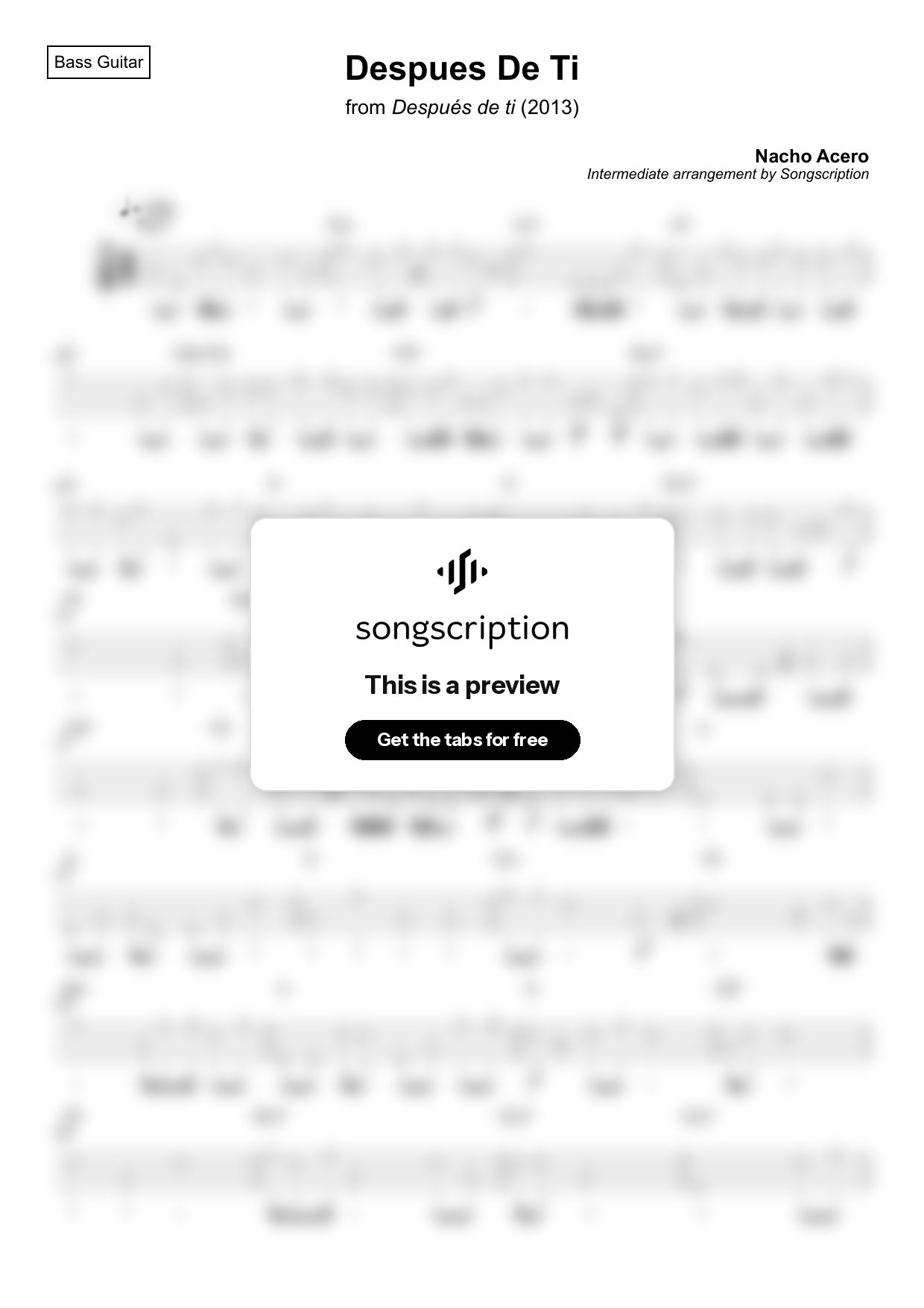 Intermediate Bass Guitar Tabs for "Despues De Ti" by Nacho Acero