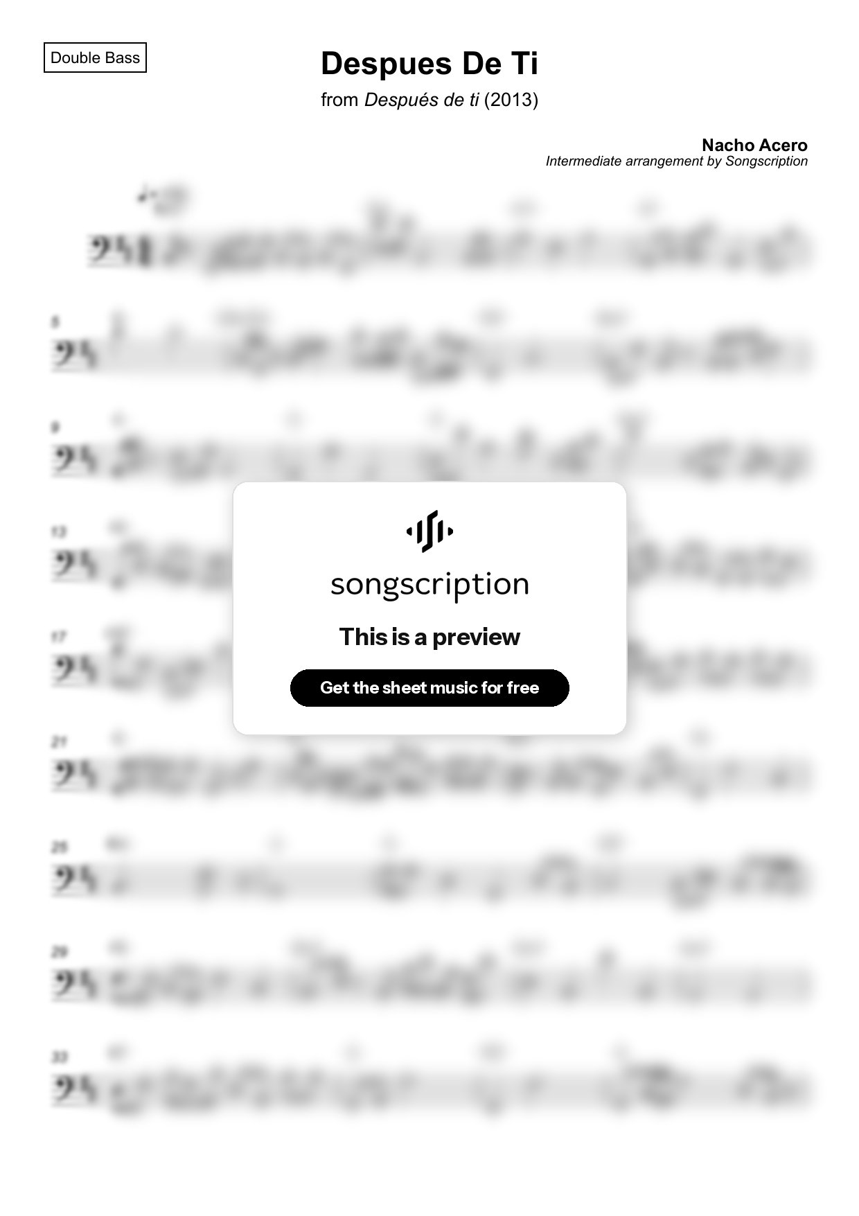 Intermediate Double Bass Sheet Music for "Despues De Ti" by Nacho Acero