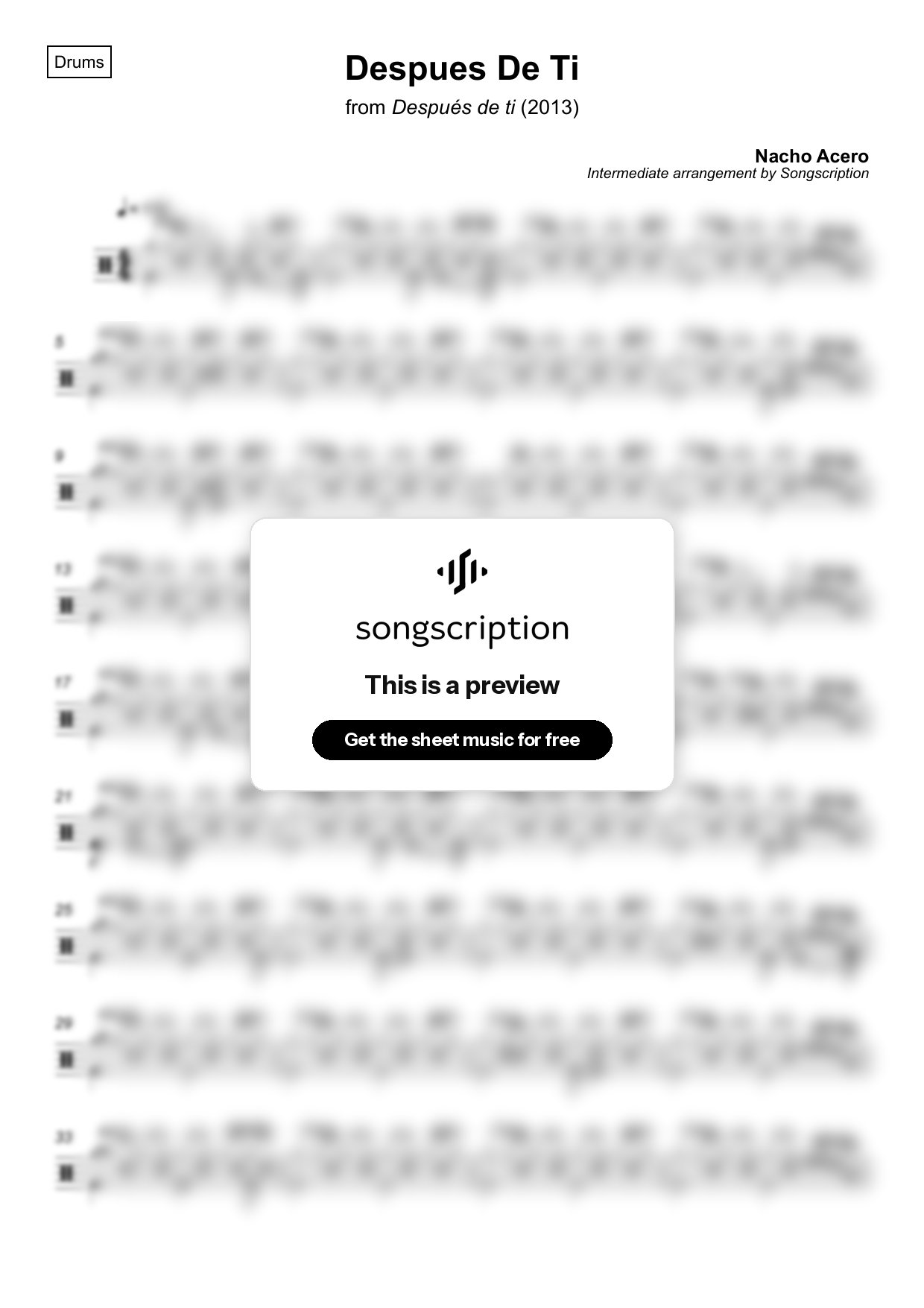 Intermediate Drums Sheet Music for "Despues De Ti" by Nacho Acero