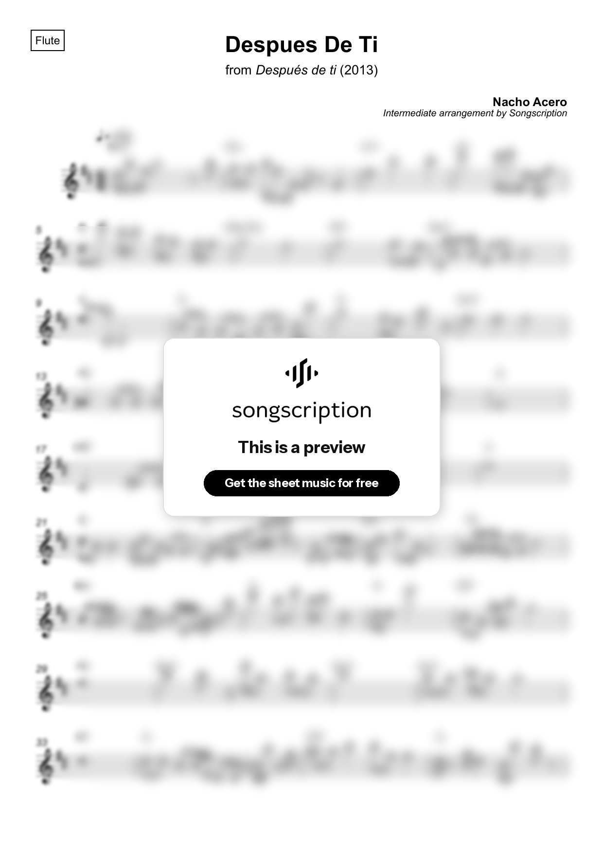 Intermediate Flute Sheet Music for "Despues De Ti" by Nacho Acero