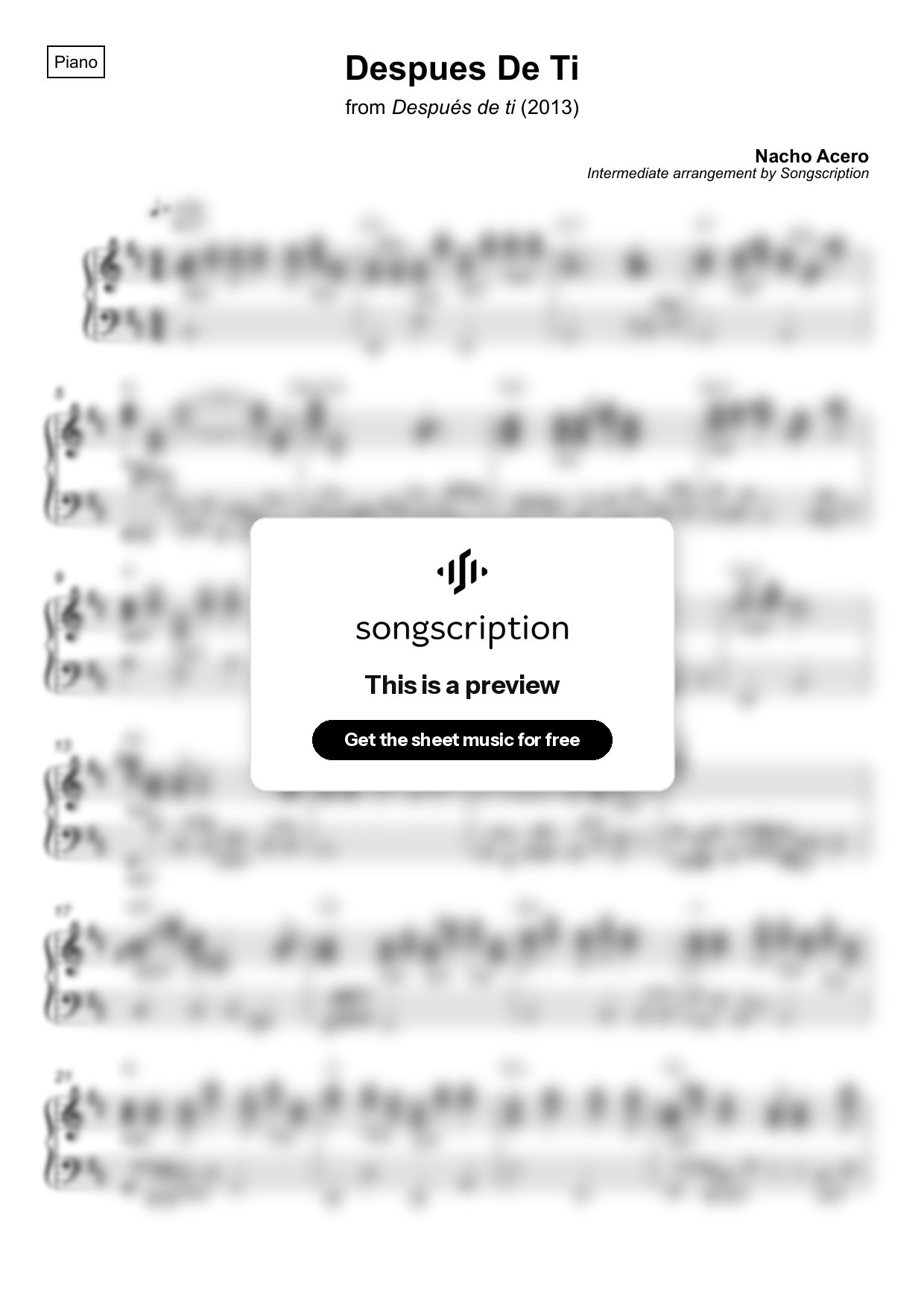 Intermediate Piano Sheet Music for "Despues De Ti" by Nacho Acero