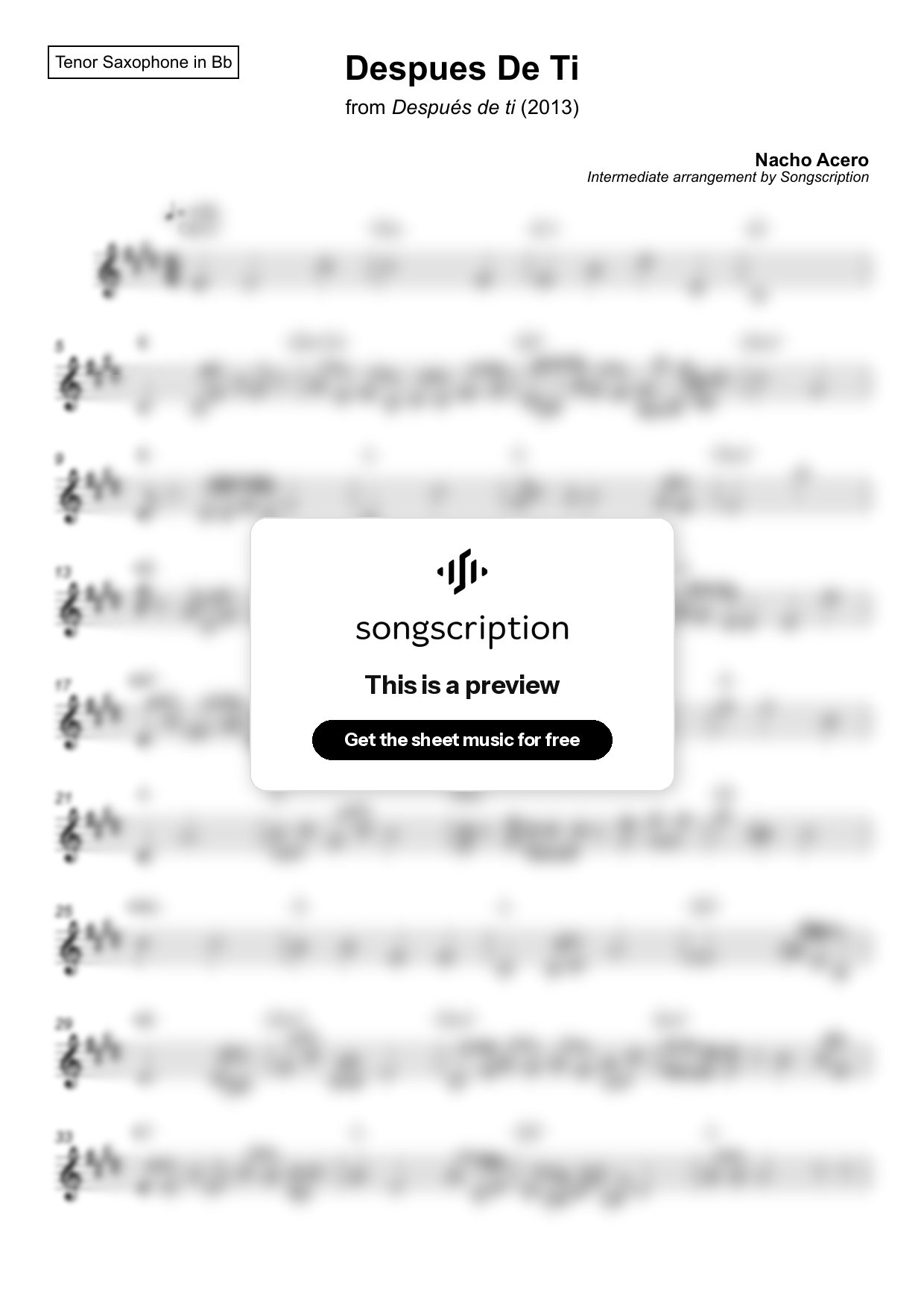 Intermediate Tenor Sax Sheet Music for "Despues De Ti" by Nacho Acero