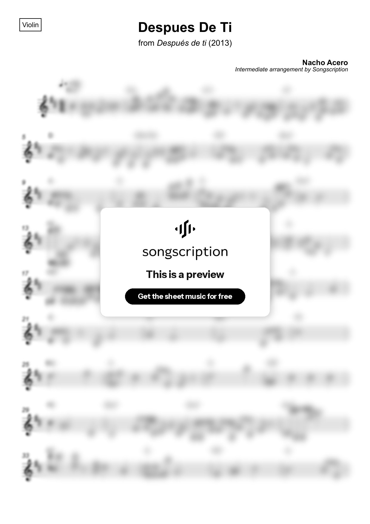 Intermediate Violin Sheet Music for "Despues De Ti" by Nacho Acero