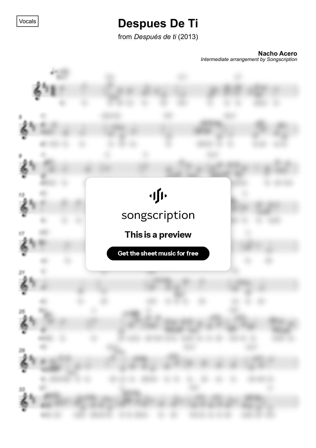 Intermediate Vocals Sheet Music for "Despues De Ti" by Nacho Acero