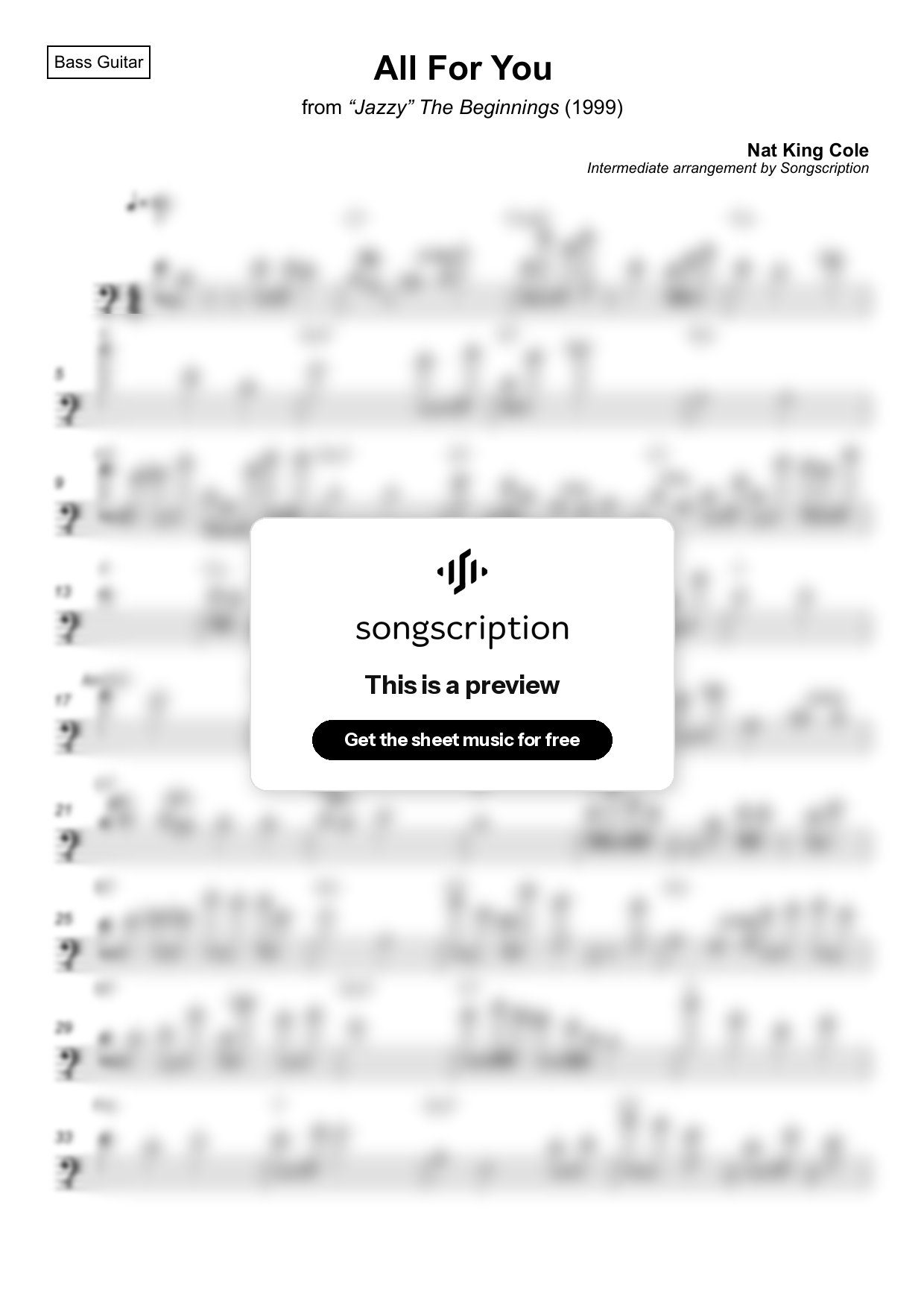 Intermediate Bass Guitar Sheet Music for "All For You" by Nat King Cole