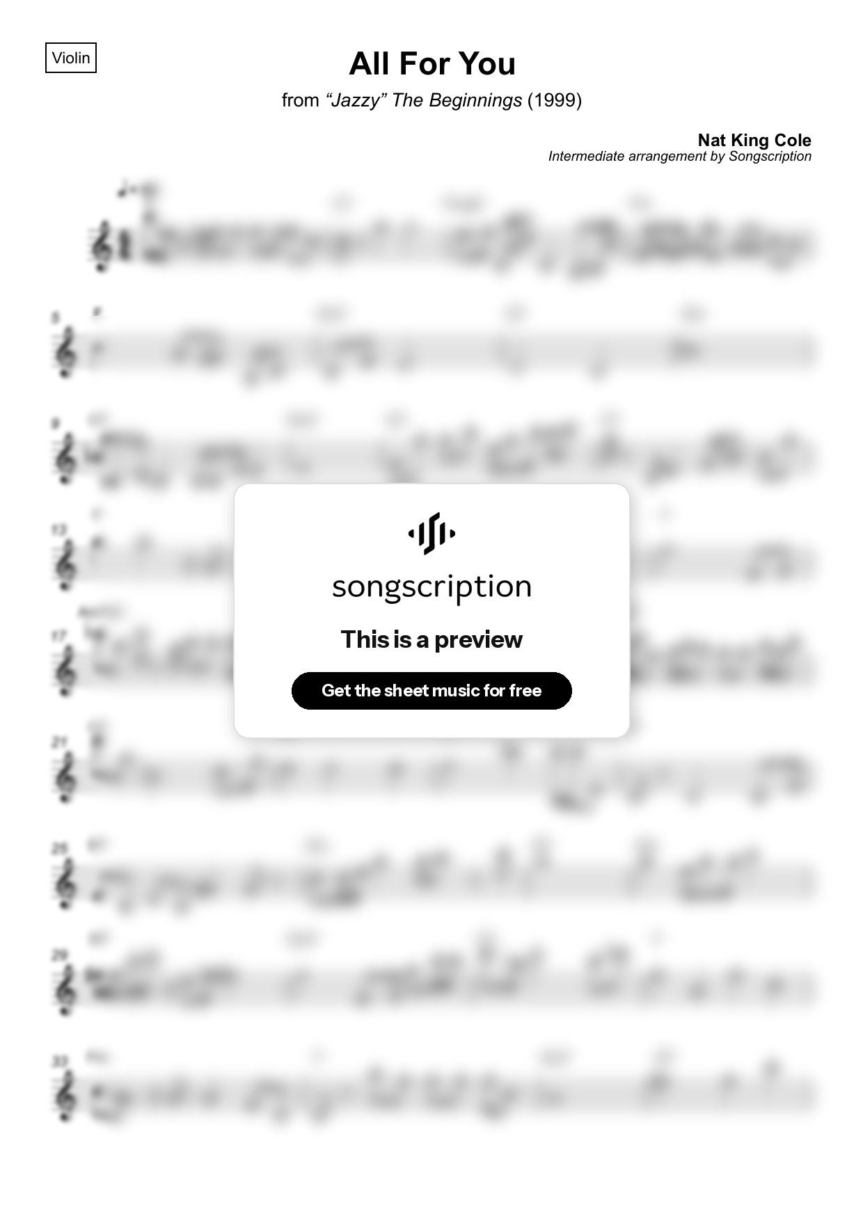 Intermediate Violin Sheet Music for "All For You" by Nat King Cole
