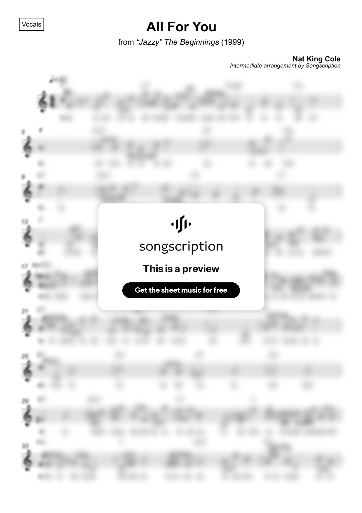 Intermediate Vocals Sheet Music for "All For You" by Nat King Cole