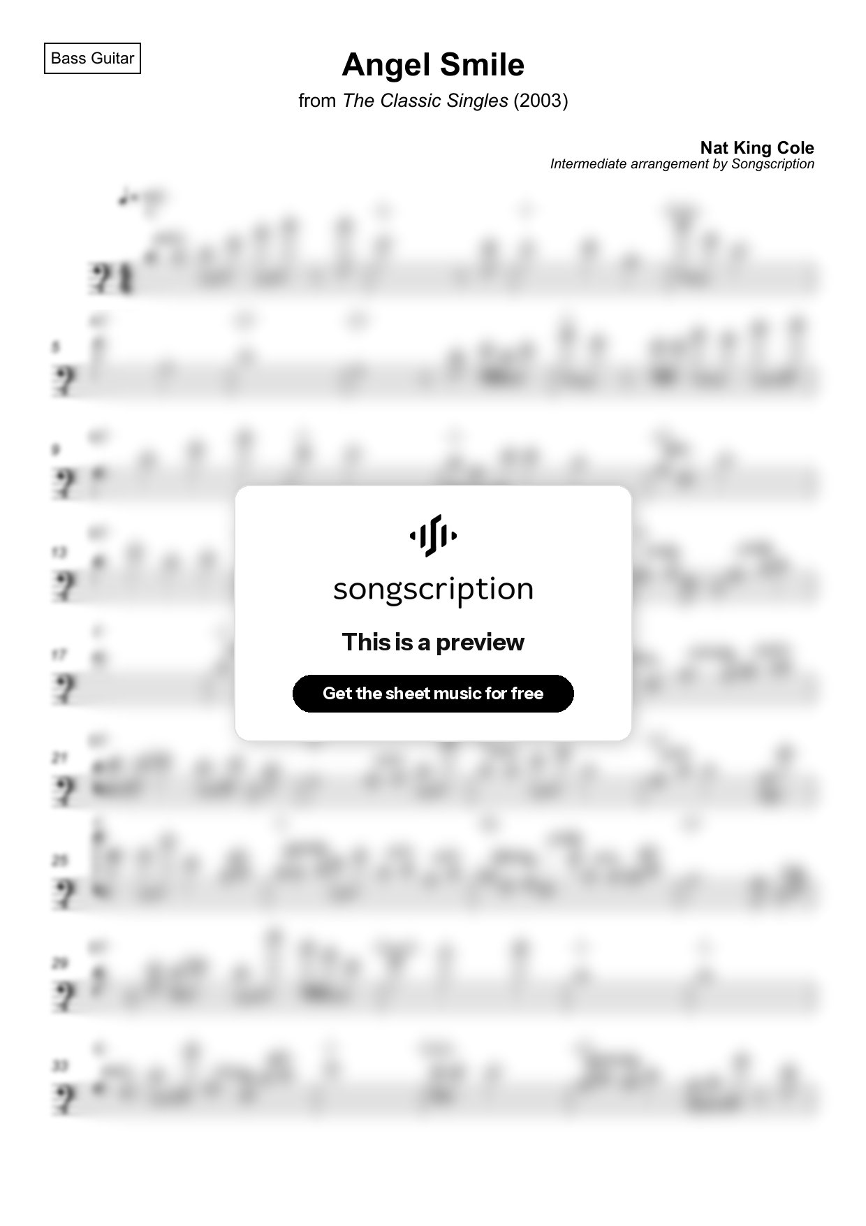 Intermediate Bass Guitar Sheet Music for "Angel Smile" by Nat King Cole