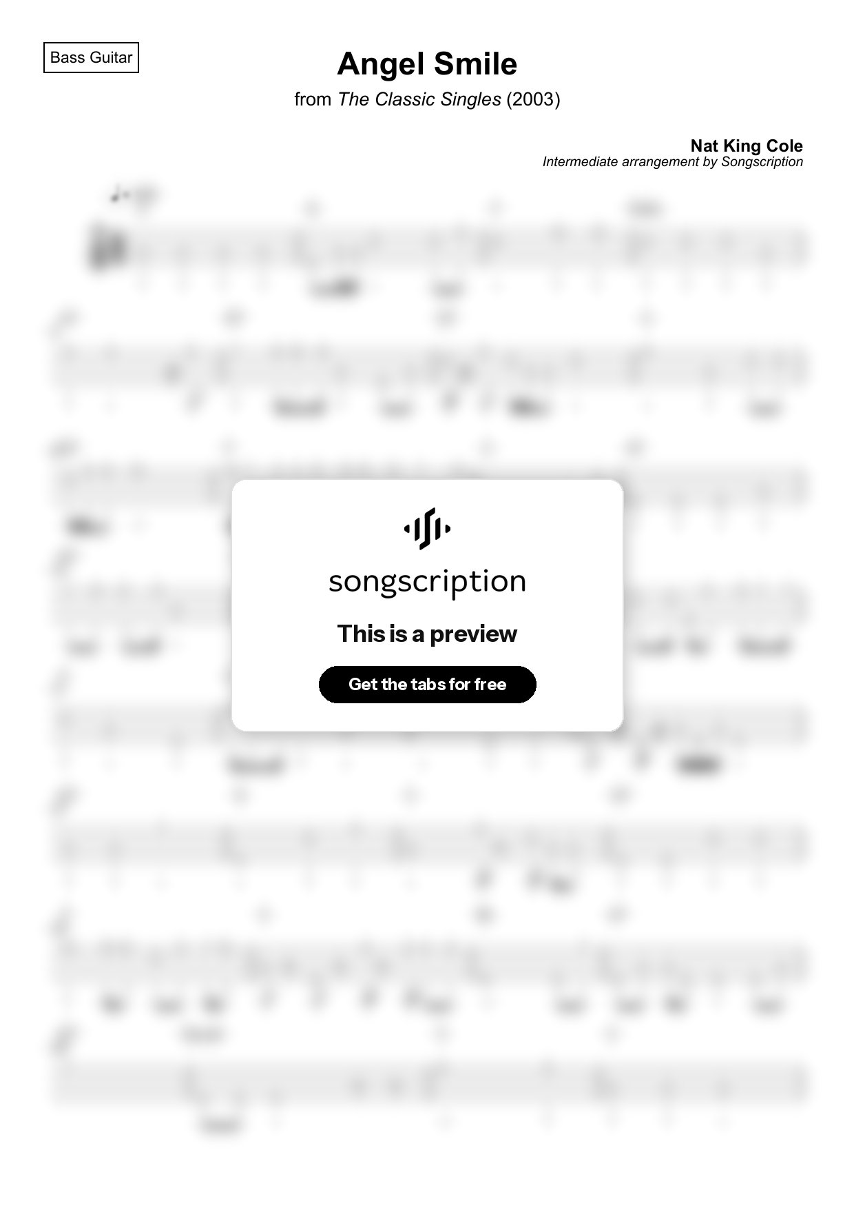 Intermediate Bass Guitar Tabs for "Angel Smile" by Nat King Cole