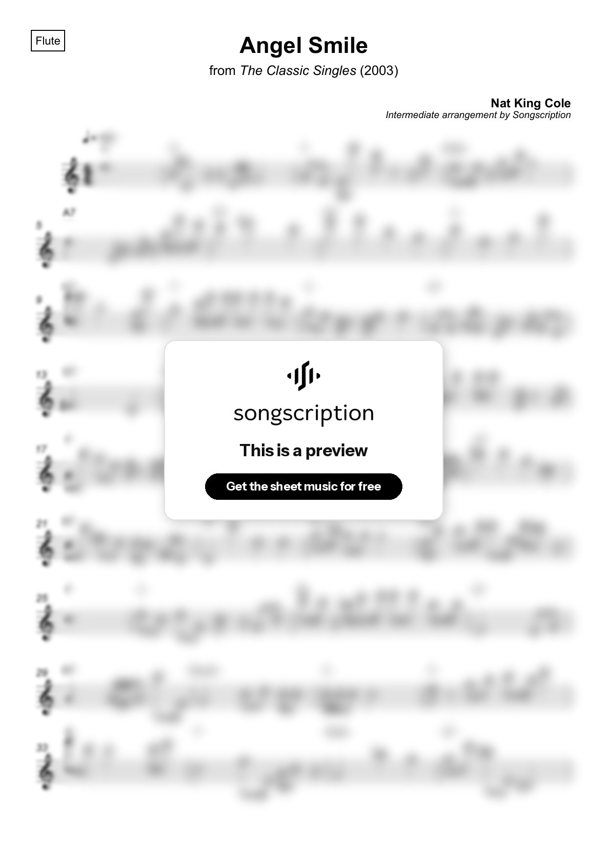 Intermediate Flute Sheet Music for "Angel Smile" by Nat King Cole