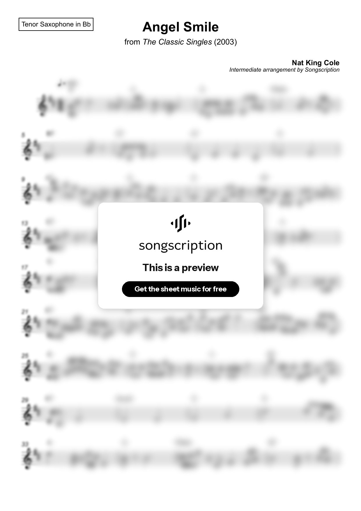 Intermediate Tenor Sax Sheet Music for "Angel Smile" by Nat King Cole