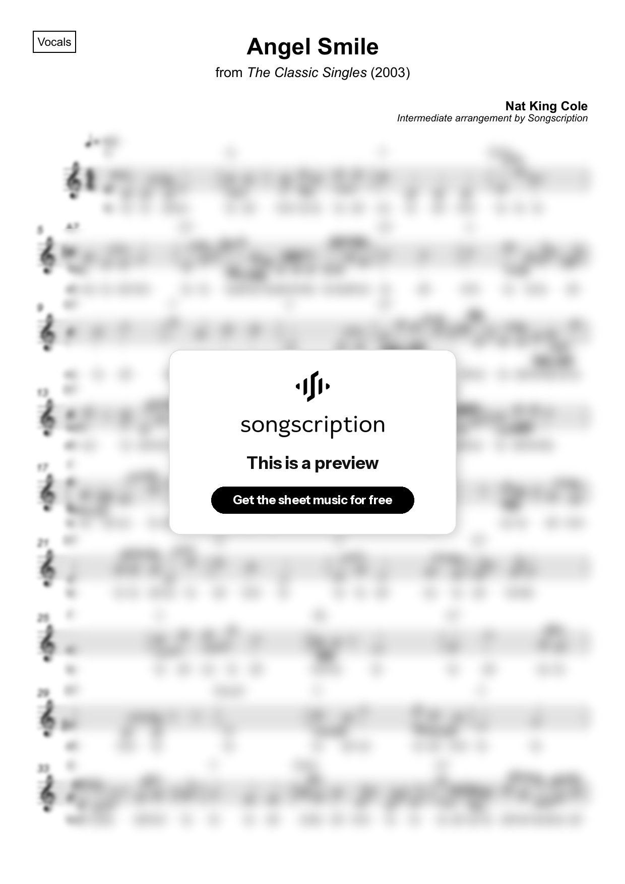 Intermediate Vocals Sheet Music for "Angel Smile" by Nat King Cole