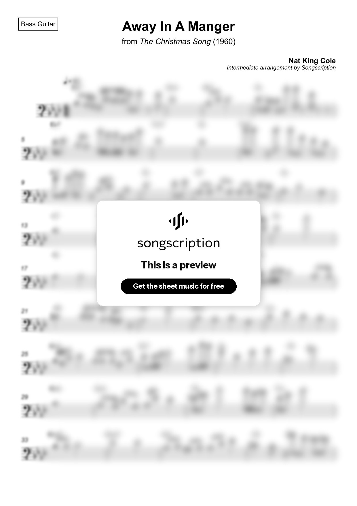 Intermediate Bass Guitar Sheet Music for "Away In A Manger" by Nat King Cole