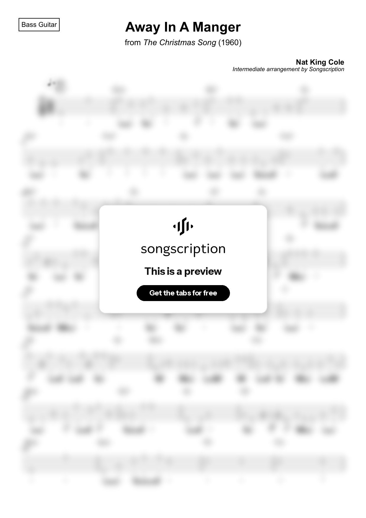 Intermediate Bass Guitar Tabs for "Away In A Manger" by Nat King Cole