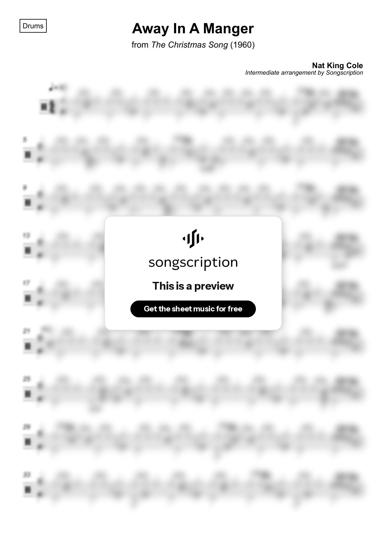 Intermediate Drums Sheet Music for "Away In A Manger" by Nat King Cole