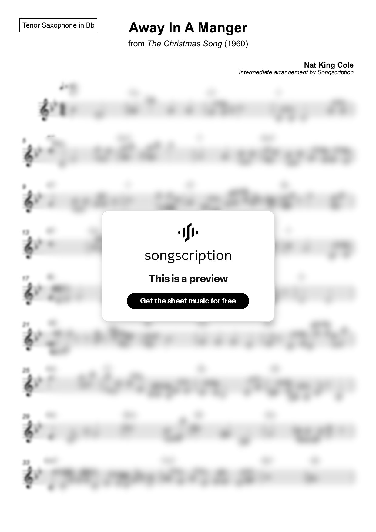Intermediate Tenor Sax Sheet Music for "Away In A Manger" by Nat King Cole