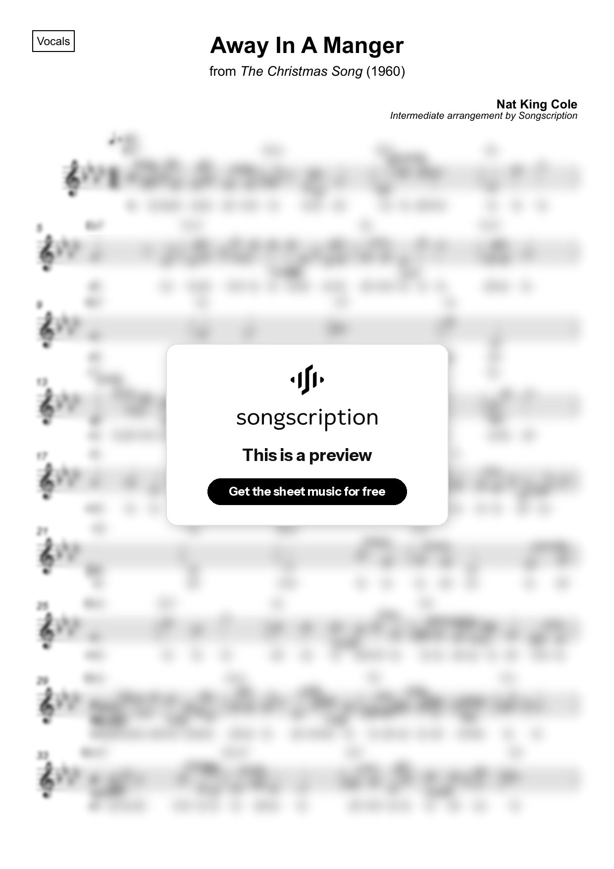 Intermediate Vocals Sheet Music for "Away In A Manger" by Nat King Cole