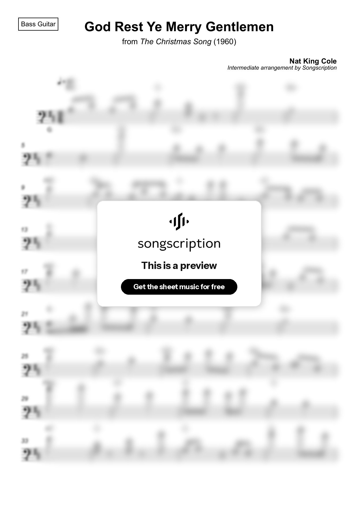 Intermediate Bass Guitar Sheet Music for "God Rest Ye Merry Gentlemen" by Nat King Cole