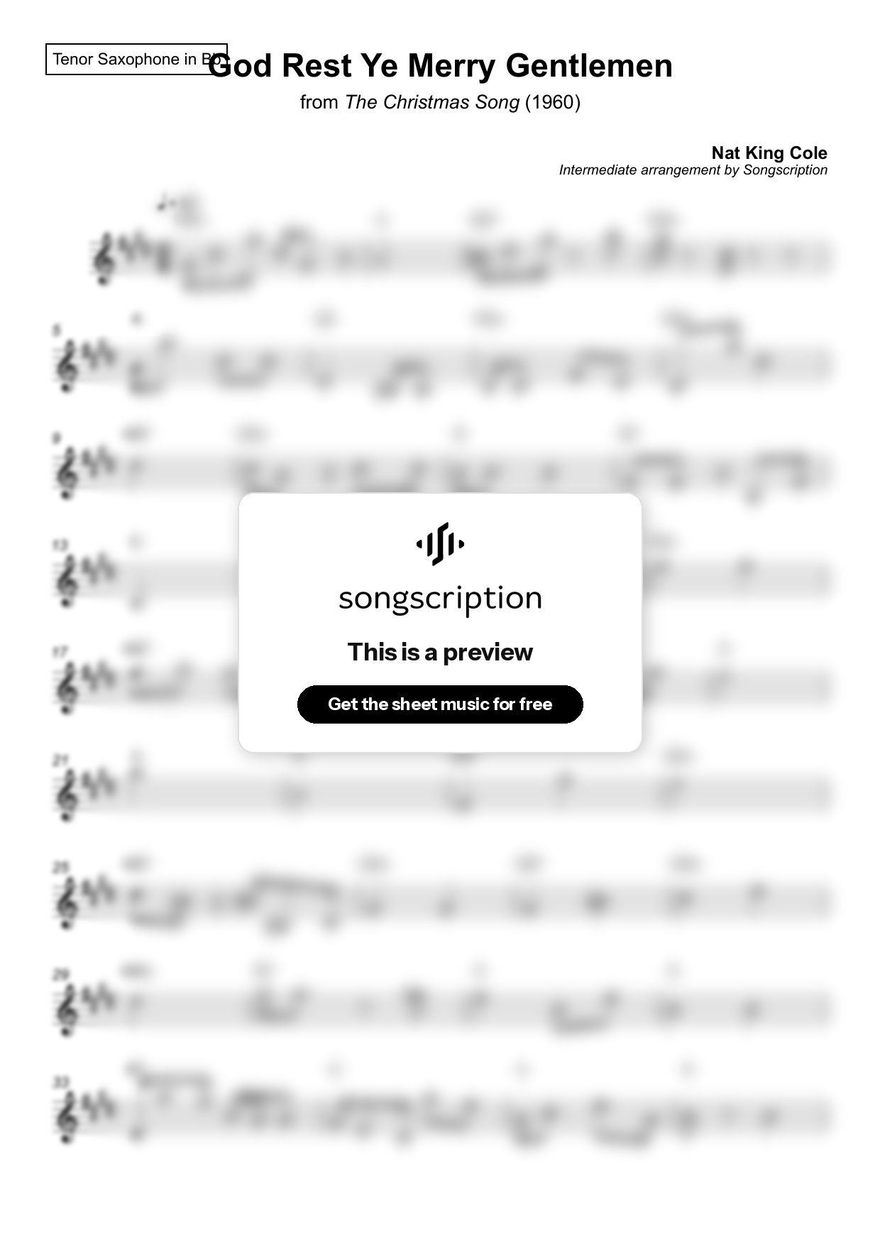 Intermediate Tenor Sax Sheet Music for "God Rest Ye Merry Gentlemen" by Nat King Cole