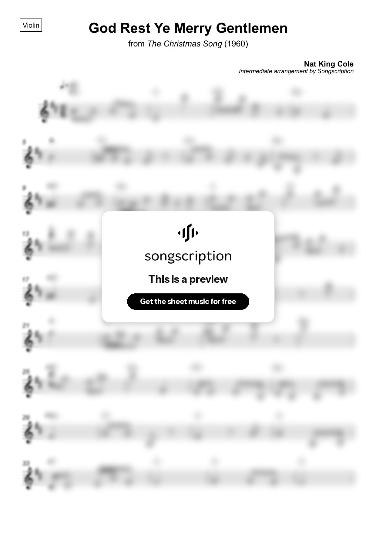 Intermediate Violin Sheet Music for "God Rest Ye Merry Gentlemen" by Nat King Cole