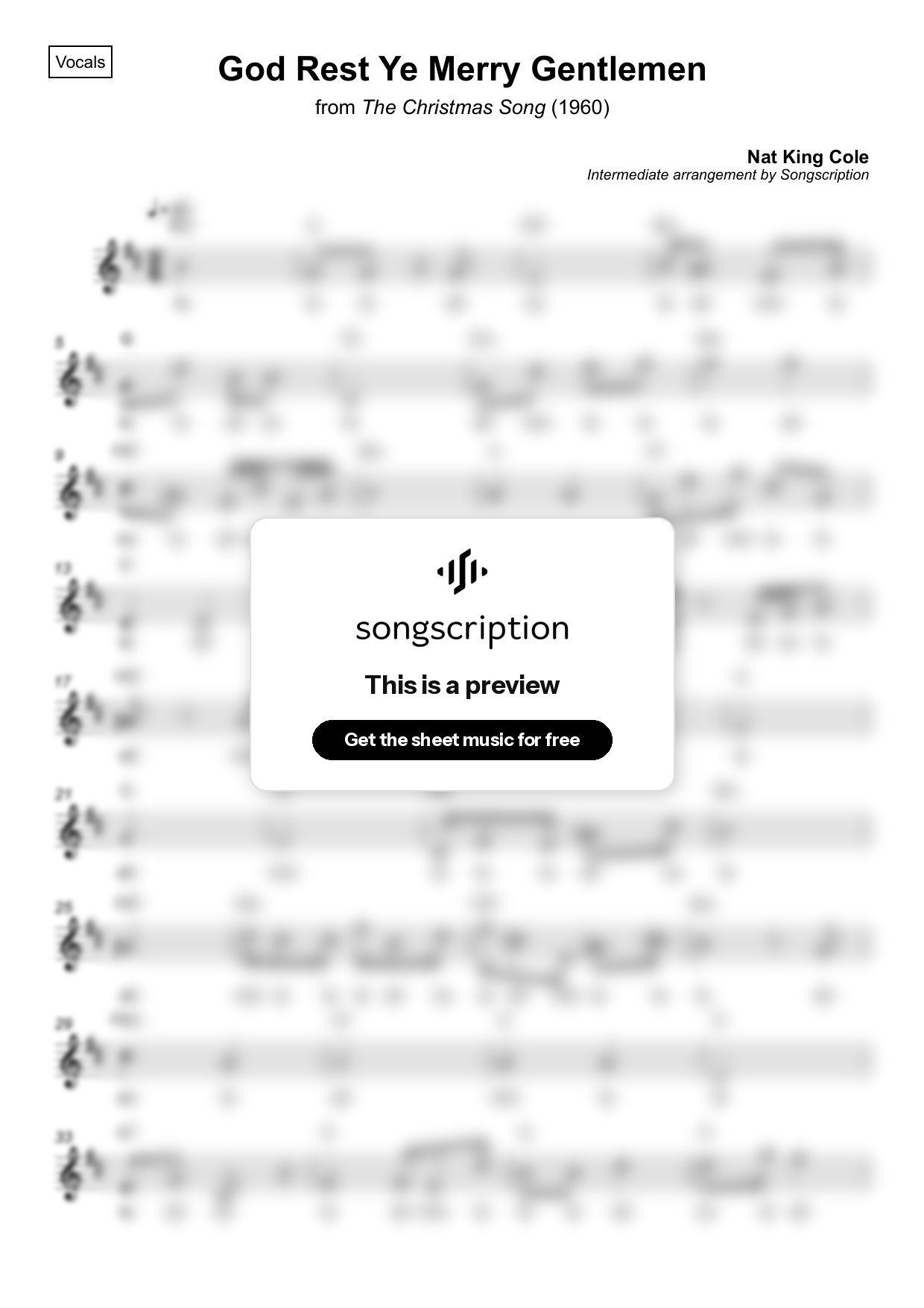 Intermediate Vocals Sheet Music for "God Rest Ye Merry Gentlemen" by Nat King Cole